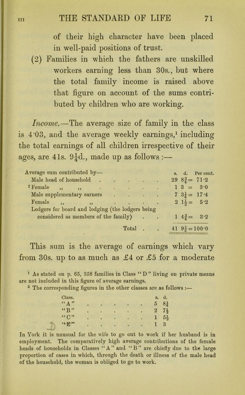 of their high character have been placed in well-paid positions of trust. (2) Families in which the fathers are unskilled workers earning less than 30s.. but where the total family income is raised above that figure on account of the sums contri- buted by children who are working. Income.—The average size of family in the class is 4’03, and the average weekly earnings,1 including the total earnings of all children irrespective of their ages, are 41s. 9jd., made up as follows :— Average sum contributed by— s. d. Per cent. Male head of household ..... 29 00 iWco II 71-2 2 Female ,, ,, ..... 1 3 = 3-0 Male supplementary earners .... 7 17-4 Female ,, ,, .... 2 14 = 5-2 Lodgers for board and lodging (the lodgers being considered as members of the family) 1 4f = 3-2 Total . 41 H= 100-0 This sum is the average of earnings which vary from 30s. up to as much as £4 or £5 for a moderate 1 As stated on p. 65, 358 families in Class “ D ” living on private means are not included in this figure of average earnings. 2 The corresponding figures in the other classes are as follows :— Class. “ A ” “B” “ C” “E” s. d. 5 8| 2 74 1 54 1 3 In York it is unusual for the wife to go out to work if her husband is in employment. The comparatively high average contributions of the female heads of households in Classes “A” and “B” are chiefly due to the large proportion of cases in which, through the death or illness of the male head of the household, the woman is obliged to go to work.