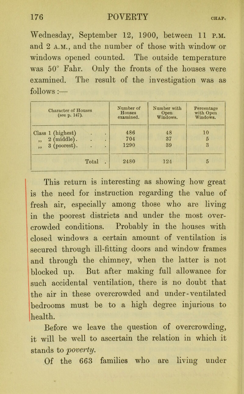 Wednesday, September 12, 1900, between 11 p.m. and 2 a.m., and the number of those with window or windows opened counted. The outside temperature was 50° Fahr. Only the fronts of the houses were examined. The result of the investigation was as follows :— Character of Houses (see p. 147). Number of Houses examined. Number with Open Windows. Percentage with Open Windows. Class 1 (highest) 486 48 10 ,, 2 (middle) . 704 37 5 ,, 3 (poorest). 1290 39 3 Total . 2480 124 5 This return is interesting as showing how great is the need for instruction regarding the value of fresh air, especially among those who are living in the poorest districts and under the most over- crowded conditions. Probably in the houses with closed windows a certain amount of ventilation is secured through ill-fitting doors and window frames and through the chimney, when the latter is not blocked up. But after making full allowance for such accidental ventilation, there is no doubt that the air in these overcrowded and under-ventilated bedrooms must be to a high degree injurious to health. Before we leave the question of overcrowding, it will be well to ascertain the relation in which it stands to 'poverty. Of the 663 families who are living under