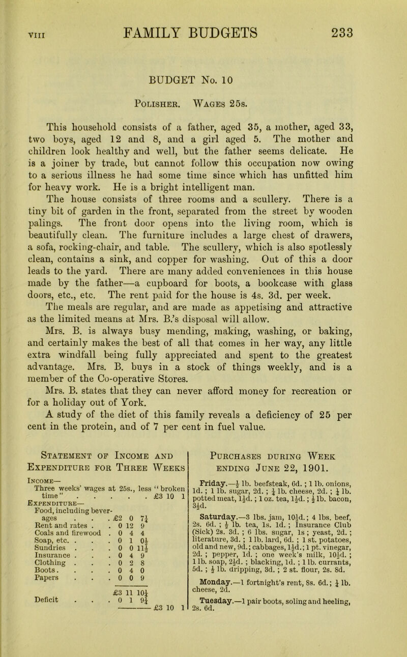 BUDGET No. 10 Polisher. Wages 25s. This household consists of a father, aged 35, a mother, aged 33, two hoys, aged 12 and 8, and a girl aged 5. The mother and children look healthy and well, but the father seems delicate. He is a joiner by trade, but cannot follow this occupation now owing to a serious illness he had some time since which has unfitted him for heavy work. He is a bright intelligent man. The house consists of three rooms and a scullery. There is a tiny bit of garden in the front, separated from the street by wooden palings. The front door opens into the living room, which is beautifully clean. The furniture includes a large chest of drawers, a sofa, rocking-chair, and table. The scullery, which is also spotlessly clean, contains a sink, and copper for washing. Out of this a door leads to the yard. There are many added conveniences in this house made by the father—a cupboard for boots, a bookcase with glass doors, etc., etc. The rent paid for the house is 4s. 3d. per week. The meals are regular, and are made as appetising and attractive as the limited means at Mrs. B.’s disposal will allow. Mrs. B. is always busy mending, making, washing, or baking, and certainly makes the best of all that comes in her way, any little extra windfall being fully appreciated and spent to the greatest advantage. Mrs. B. buys in a stock of things weekly, and is a member of the Co-operative Stores. Mrs. B. states that they can never afford money for recreation or for a holiday out of York. A study of the diet of this family reveals a deficiency of 25 per cent in the protein, and of 7 per cent in fuel value. Statement of Income and Expenditure for Three Weeks Purchases during Week ending June 22, 1901. Income— Three weeks' wages at 25s., less “broken time” £3 10 1 Expenditure— Food, including bever- ages Rent and rates . Coals and firewood Soap, etc. . Sundries Insurance . Clothing . Boots. Papers Deficit . £2 0 71 . 0 12 9 .044 • 0 1 01 . 0 0 1H .049 .028 .040 .009 £3 11 lOi . 0 1 9| £3 10 1 Friday.—J lb. beefsteak, Gd. ; 1 lb. onions, Id. ; 1 lb. sugar, 2d. ; 1 lb. cheese, 2d. ; 1 lb. potted meat, lj-d.; 1 oz. tea, l£d.; £ lb. bacon, 3£d. Saturday.—3 lbs. jam, 10M.; 4 lbs. beef, 2s. 6d. ; 1 lb. tea, Is. Id. ; Insurance Club (Sick) 2s. 3d. ; 6 lbs. sugar, Is ; yeast, 2d. ; literature, 3d. ; 1 lb. lard, Gd. ; 1 st. potatoes, old and new, 9d.; cabbages, 1M.; 1 pt. vinegar, 2d. ; pepper, Id. ; one week’s milk, 10Jd. ; 1 lb. soap, 2Jrd. ; blacking, Id. ; 1 lb. currants, 5d. ; 1 lb. dripping, 3d. ; 2 st. flour, 2s. Sd. Monday.—1 fortnight’s rent, Ss. 6d.; J lb. cheese, 2d. Tuesday.—1 pair boots, soling and heeling, 2s. Gd.