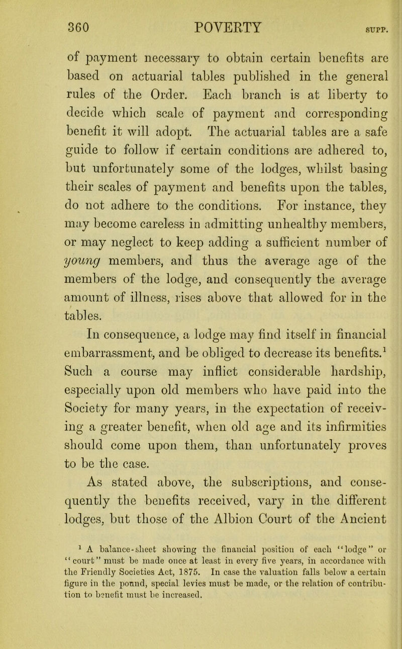 of payment necessary to obtain certain benefits are based on actuarial tables published in the general rules of the Order. Each branch is at liberty to decide which scale of payment and corresponding benefit it will adopt. The actuarial tables are a safe guide to follow if certain conditions are adhered to, but unfortunately some of the lodges, whilst basing their scales of payment and benefits upon the tables, do not adhere to the conditions. For instance, they may become careless in admitting unhealthy members, or may neglect to keep adding a sufficient number of young members, and thus the average age of the members of the lodge, and consequently the average amount of illness, rises above that allowed for in the tables. In consequence, a lodge may find itself in financial embarrassment, and be obliged to decrease its benefits.1 Such a course may inflict considerable hardship, especially upon old members who have paid into the Society for many years, in the expectation of receiv- ing a greater benefit, when old age and its infirmities should come upon them, than unfortunately proves to be the case. As stated above, the subscriptions, and conse- quently the benefits received, vary in the different lodges, but those of the Albion Court of the Ancient 1 A balance-sheet showing the financial position of each “lodge” or “court” must be made once at least in every five years, in accordance with the Friendly Societies Act, 1875. In case the valuation falls below a certain figure in the pound, special levies must be made, or the relation of contribu- tion to benefit must be increased.