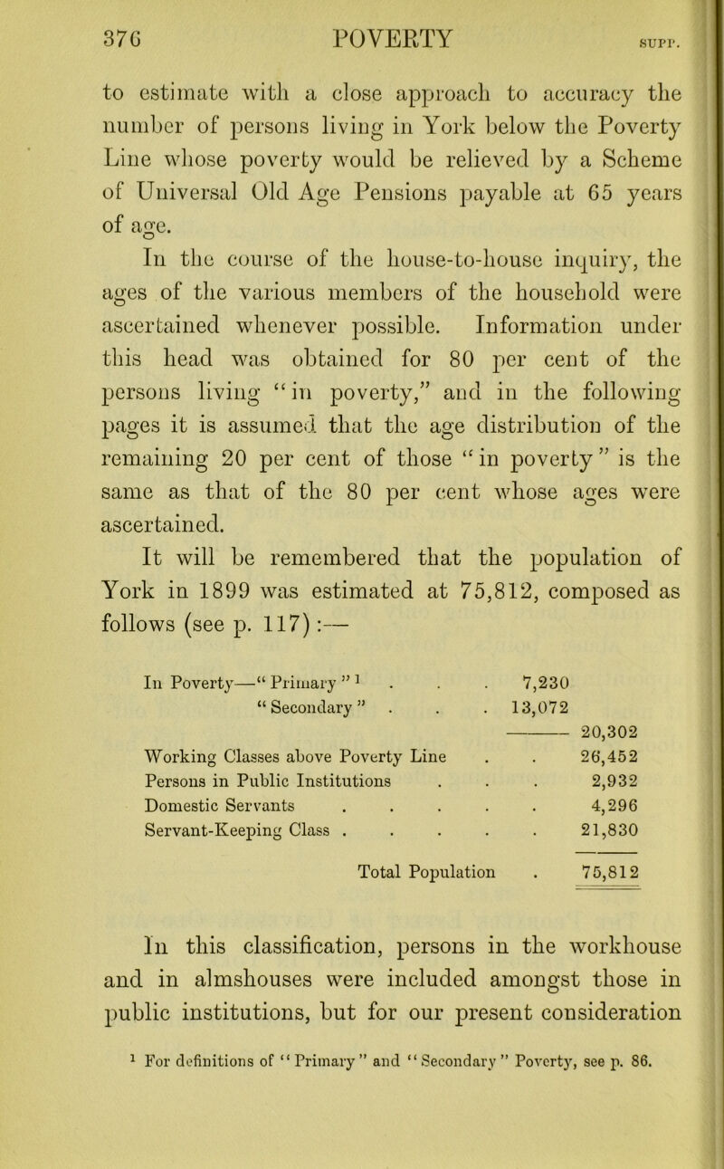 to estimate with a close approach to accuracy the number of persons living in York below the Poverty Line whose poverty would be relieved by a Scheme of Universal Old Age Pensions payable at 65 years of age. In the course of the house-to-house inquiry, the ages of the various members of the household were ascertained whenever possible. Information under this head was obtained for 80 per cent of the persons living “ in poverty,” and in the following pages it is assumed that the age distribution of the remaining 20 per cent of those “ in poverty ” is the same as that of the 80 per cent whose ages were ascertained. It will be remembered that the population of York in 1899 was estimated at 75,812, composed as follows (see p. 117):— In Poverty—“ Primary ” 1 •7,230 “ Secondary ” 13,072 20,302 Working Classes above Poverty Line . 26,452 Persons in Public Institutions . 2,932 Domestic Servants .... 4,296 Servant-Keeping Class .... • 21,830 Total Population • 75,812 In this classification, persons in the workhouse and in almshouses were included amongst those in public institutions, but for our present consideration 1 For definitions of “ Primary ” and “ Secondary ” Poverty, see p. 86.