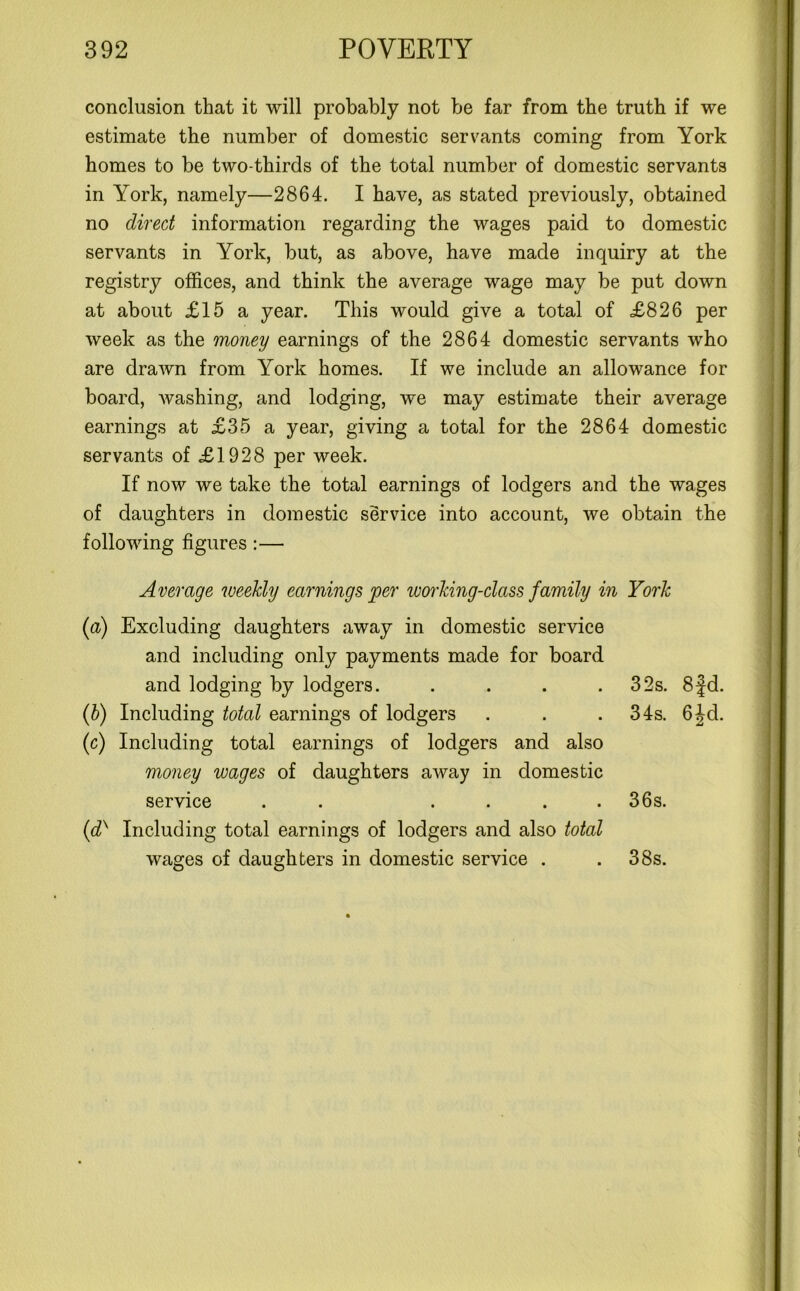conclusion that it will probably not be far from the truth if we estimate the number of domestic servants coming from York homes to be two-thirds of the total number of domestic servants in York, namely—2864. I have, as stated previously, obtained no direct information regarding the wages paid to domestic servants in York, but, as above, have made inquiry at the registry offices, and think the average wage may be put down at about £15 a year. This would give a total of £826 per week as the money earnings of the 2864 domestic servants who are drawn from York homes. If we include an allowance for board, washing, and lodging, we may estimate their average earnings at £35 a year, giving a total for the 2864 domestic servants of £1928 per week. If now we take the total earnings of lodgers and the wages of daughters in domestic service into account, we obtain the following figures :— Average weekly earnings per working-class family in York (a) Excluding daughters away in domestic service and including only payments made for board and lodging by lodgers. . (b) Including total earnings of lodgers (c) Including total earnings of lodgers and also money wages of daughters away in domestic service . . . . . . (dx Including total earnings of lodgers and also total wages of daughters in domestic service . 32s. 8fd. 34s. 6Jd. 36s. 38s.