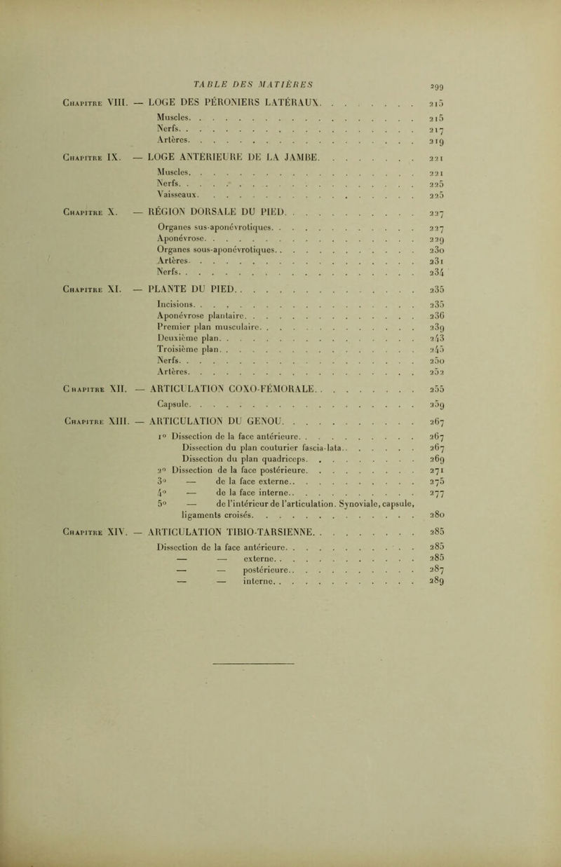 399 Chapitre VIII. — LOGE DES PÉRONIERS LATÉRAUX. Muscles 2 15 Nerfs 217 Artères 219 Chapitre IX. — LOGE ANTERIEURE DE LA JAMBE 221 Muscles 221 Nerfs 2 25 Vaisseaux 225 Chapitre X. — RÉGION DORSALE DU PIED Organes sus-aponévrotiques 227 Aponévrose 229 Organes sous-aponévrotiques 23o Artères. 23i Nerfs 234 Chapitre XI. — PLANTE DU PIED. . . Incisions. , Aponévrose plantaire. . Premier plan musculaire Deuxième plan. . Troisième plan. . Nerfs Artères 235 2 35 230 23g 243 245 25ü 252 Chapitre XII. — ARTICULATION COXO-FÉMORALE 255 Capsule 25g Chapitre XIII. — ARTICULATION DU GENOU 2G7 i° Dissection de la face antérieure 2Ü7 Dissection du plan couturier fascia-lata 2O7 Dissection du plan quadriceps 269 2° Dissection de la face postérieure 271 3° — de la face externe 275 4” — de la face interne 277 5° — de l’intérieur de l’articulation. Synoviale, capsule, ligaments croisés 280 Chapitre XIV. — ARTICULATION TIBIO-TARSIENNE 285 Dissection de la face antérieure 285 — — externe a85 — — postérieure 287