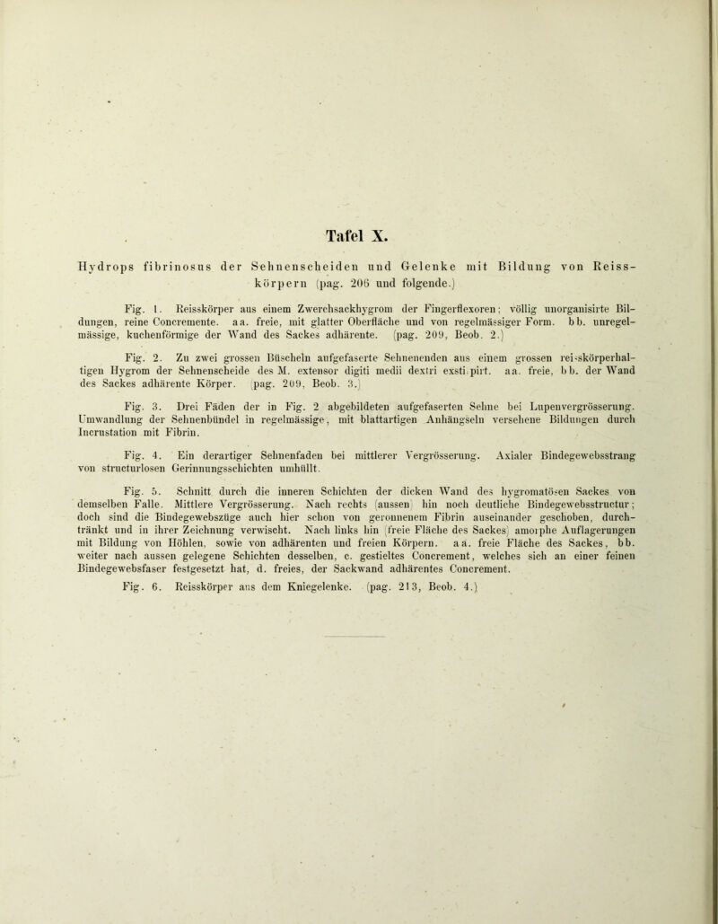 Hydrops fibrinosus der Sehnenscheiden und Gelenke mit Bildung von Reiss- körpern (pag. 206 und folgende.) Fig. I. Reisskörper aus einem Zwerchsackhygrom der Fingerflexoren; völlig unorganisirte Bil- dungen, reine Concremente. aa. freie, mit glatter Oberfläche und von regelmässiger Form. bb. unregel- mässige, kuchenförmige der Wand des Sackes adhärente. (pag. 209, Beob. 2.) Fig. 2. Zu zwei grossen Büscheln aufgefaserte Sehnenenden aus einem grossen reDskörperhal- tigen Hygrom der Sehnenscheide des M. extensor digiti medii dextri exsti.pirt. aa. freie, bb. der Wand des Sackes adhärente Körper. pag. 209, Beob. 3.) Fig. 3. Drei Fäden der in Fig. 2 abgebildeten aufgefaserten Sehne bei Lupenvergrösserung. Umwandlung der Sehnenbündel in regelmässige, mit blattartigen Anhängseln versehene Bildungen durch Incrustation mit Fibrin. Fig. 4. Ein derartiger Sehnenfadeu bei mittlerer Vergrösserung. Axialer Bindegewebsstrang von structurlosen Gerinnungsschichten umhüllt. Fig. 5. Schnitt durch die inneren Schichten der dicken Wand des hygromatösen Sackes von demselben Falle. Mittlere Vergrösserung. Nach rechts (aussen hin noch deutliche Bindegewebsstructur; doch sind die Bindegewebsziige auch hier schon von geronnenem Fibrin auseinander geschoben, durch- tränkt und in ihrer Zeichnung verwischt. Nach links hin (freie Fläche des Sackes) amorphe Auflagerungen mit Bildung von Höhlen, sowie von adhärenten und freien Körpern, aa. freie Fläche des Sackes, bb. weiter nach aussen gelegene Schichten desselben, c. gestieltes Concrement, welches sich an einer feinen Bindegewebsfaser festgesetzt hat, d. freies, der Sackwand adhärentes Concrement.