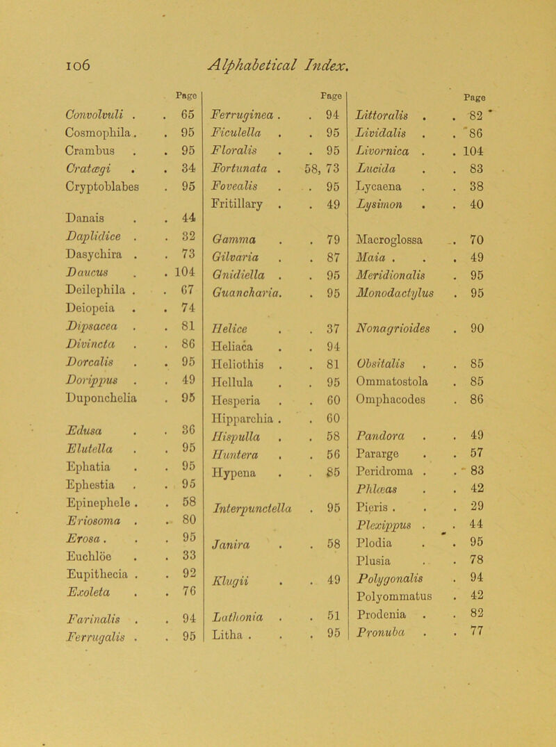 Page Convolvuli . . 65 Cosmophila. . 95 Crambus . 95 Cratcegi . 34 Cryptoblabes . 95 Danais . 44 Daplidice . . 32 Dasychira . . 73 Daucus . 104 Dcilcphila . . G7 Deiopeia . 74 Dipsacea . 81 Divincla . 86 Dorcalis . 95 Dorippus . 49 Duponckclia . 95 Edusa . 36 Elutella . 95 Ephatia . 95 Ephestia . 95 Epinephele . . 58 Eriosoma . . 80 Erosa . . 95 Eucbloe . 33 Eupithecia . . 92 Exoleta . 76 Farinalis . 94 Ferrugalis . . 95 Ferruginea . Page . 94 Ficulella . 95 F loralis . 95 Fortunata . 58, 73 Fovealis . 95 Fri till ary . 49 Gamma . 79 Gilvaria . 87 Gnidiella . . 95 Gxiancharia. . 95 TIelice . 37 Heliaca . 94 Heliothis . 81 Hellula . 95 Hesperia . 60 Ilipparchia . . 60 Hispulla . 58 Huntera . 56 Hypena . 85 Interpundella . 95 Janira . 58 Iilugii . 49 Lathonia . 51 Litha . . 95 Page Littoralis . 82 Lividalis . '86 Livornica . . 104 Lucida . 83 Lycaena . 38 Lysimon . 40 Macroglossa . 70 Maia . . 49 Meridionalis . 95 Monodactylus . 95 Nonagrioides . 90 Ubsitalis . 85 Ommatostola . 85 Omphacodes . 86 Pandora . 49 Pararge . 57 Peridroma . . * 83 Phlceas . 42 Pieris . . 29 Plcxippus . . 44 Plodia ' . 95 Plusia . 78 Polygonalis . 94 Polyommatus . 42 Prodenia . 82 Pronub a . 77