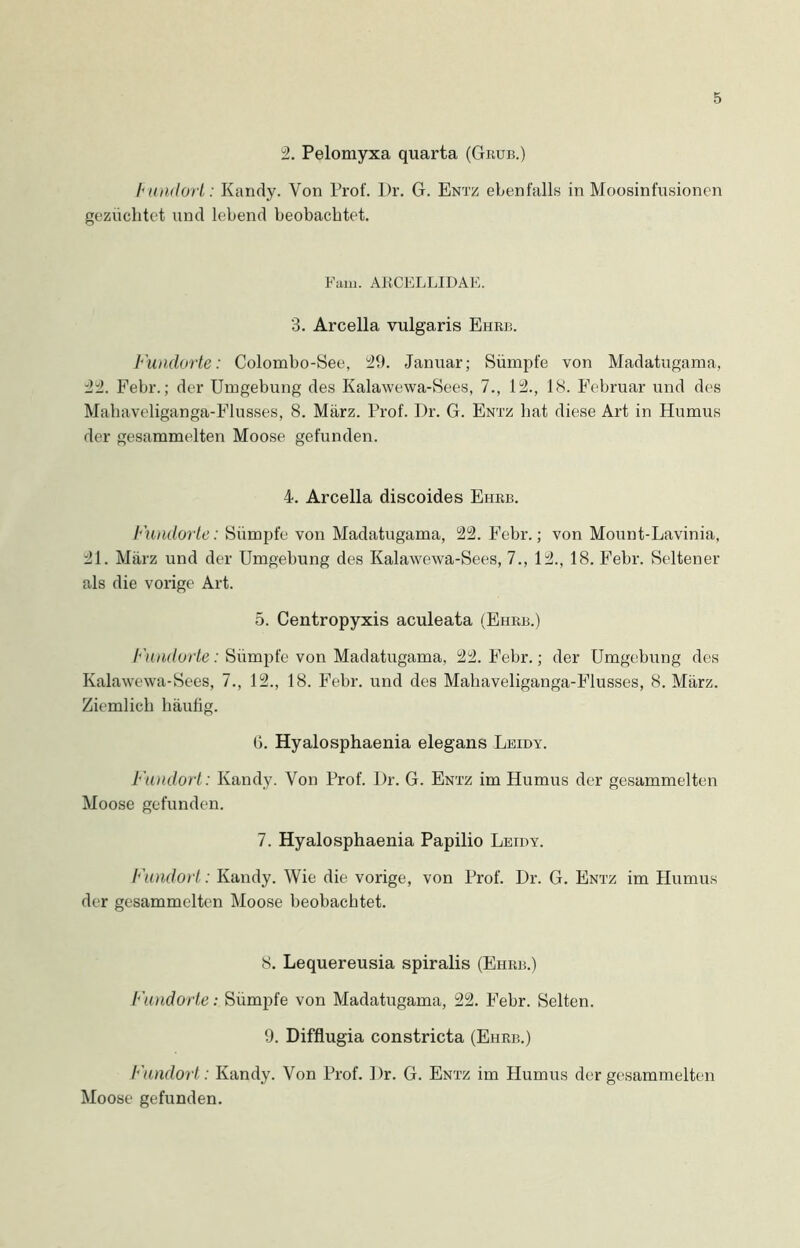 2. Pelomyxa quarta (Grub.) lumdort: Kandy. Von Prof. Dr. G. Entz ebenfalls in Moosinfusionen gezüchtet und lebend beobachtet. Fam. AliCELLIDAE. 3. Arcella vulgaris Eher. Fundorte: Colombo-See, 29. Januar; Sümpfe von Madatugama, 22. Febr.; der Umgebung des Kalawewa-Sees, 7., 12., 18. Februar und des Mahaveliganga-Flusses, 8. März. Prof. Dr. G. Entz hat diese Art in Humus der gesammelten Moose gefunden. 4. Arcella discoides Ehrb. Fundorte: Sümpfe von Madatugama, 22. Febr.; von Mount-Lavinia, 21. März und der Umgebung des Kalawewa-Sees, 7., 12., 18. Febr. Seltener als die vorige Art. 5. Centropyxis aculeata (Ehrb.) Fundorte: Sümpfe von Madatugama, 22. Febr.; der Umgebung des Kalawewa-Sees, 7., 12., 18. Febr. und des Mahaveliganga-Flusses, 8. März. Ziemlich häufig. 6. Hyalosphaenia elegans Leidy. Fundort: Kandy. Von Prof. Dr. G. Entz im Humus der gesammelten Moose gefunden. 7. Hyalosphaenia Papilio Leidy. Fundort: Kandy. Wie die vorige, von Prof. Dr. G. Entz im Humus der gesammelten Moose beobachtet. 8. Lequereusia spiralis (Ehrb.) Fundorte: Sümpfe von Madatugama, 22. Febr. Selten. 9. Difflugia constricta (Ehrb.) Fundort: Kandy. Von Prof. Dr. G. Entz im Humus der gesammelten Moose gefunden.