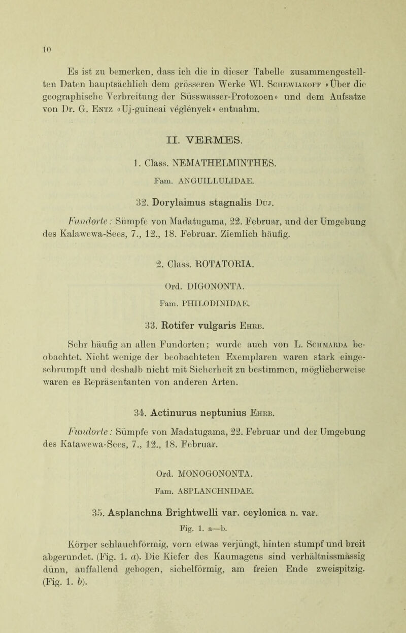 in Es ist zu bemerken, dass icli die in dieser Tabelle zusammengestell- ten Daten hauptsächlich dem grösseren Werke Wl. Schewiakoff «Über die geographische Verbreitung der Süsswasser-Protozoen» und dem Aufsatze von Dr. G. Entz «Uj-guineai veglenyek» entnahm. II. VEßMES. 1. Class. NEMATHELMINTHES. Fam. AN GUILLULIDAE. 32. Dorylaimus stagnalis Duj. Fundorte: Sümpfe von Madatugama, 22. Eebruar, und der Umgebung des Kalawewa-Sees, 7., 12., 18. Februar. Ziemlich häufig. 2. Class. ROTATORIA. Ord. DIGONONTA. Fam. PHILODINIDAE. 33. Rotifer vulgaris Ehre. Sehr häufig an allen Fundorten; wurde auch von L. Schmarda be- obachtet. Nicht wenige der beobachteten Exemplaren waren stark einge- schrumpft und deshalb nicht mit Sicherheit zu bestimmen, möglicherweise waren es Repräsentanten von anderen Arten. 34. Actinurus neptunius Ehrb. Fundorte: Sümpfe von Madatugama, 22. Februar und der Umgebung des Katawewa-Sees, 7., 12., 18. Februar. Ord. MONOGONONTA. Fam. ASPLANCHNIDAE. 35. Asplanchna Brightwelli var. ceylonica n. var. Fig. 1. a—b. Körper schlauchförmig, vorn etwas verjüngt, hinten stumpf und breit abgerundet. (Fig. 1. a). Die Kiefer des Kaumagens sind verhältnissmässig dünn, auffallend gebogen, sichelförmig, am freien Ende zweispitzig.