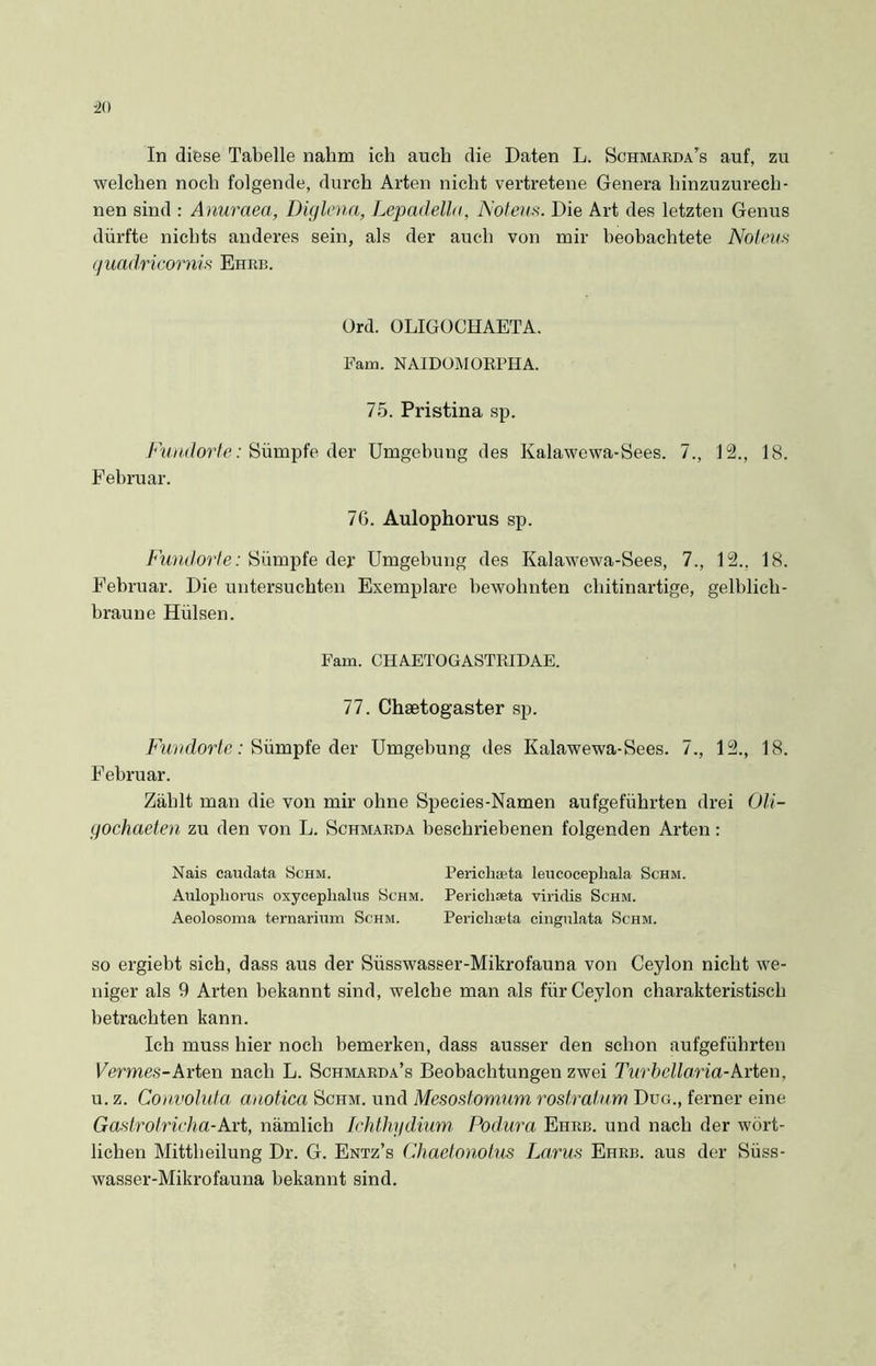 In diese Tabelle nahm ich auch die Daten L. Schmarda’s auf, zu welchen noch folgende, durch Arten nicht vertretene Genera hinzuzurech- nen sind : Anuraea, Diglena, Lepadella, Noten*. Die Art des letzten Genus dürfte nichts anderes sein, als der auch von mir beobachtete Noten* quadricornis Ehre. ürd. OLIGÜCHAETA. Fam. NAIDOMOBPHA. 75. Pristina sp. Fundorte: Sümpfe der Umgehung des Kalawewa-Sees. 7., 12., 18. Februar. 76. Aulophorus sp. Fundorte: Sümpfe der Umgehung des Kalawewa-Sees, 7., 12.. 18. Februar. Die untersuchten Exemplare bewohnten chitinartige, gelblich- braune Hülsen. Fam. CHAETOGASTRIDAE. 77. Chaetogaster sp. Fundorte: Sümpfe der Umgehung des Kalawewa-Sees. 7., 12., 18. Februar. Zählt man die von mir ohne Species-Namen aufgeführten drei Oli- gochaeten zu den von L. Schmarda beschriebenen folgenden Arten: Nais caudata Schm. Perichaeta leucocephala Schm. Aulopliorus oxyceplialus Schm. Perichseta viridis Schm. Aeolosoma ternarium Schm. Periclueta cingulata Schm. so ergiebt sich, dass aus der Süsswasser-Mikrofauna von Ceylon nicht we- niger als 9 Arten bekannt sind, welche man als für Ceylon charakteristisch betrachten kann. Ich muss hier noch bemerken, dass ausser den schon aufgeführten Fermes-Arten nach L. Schmarda’s Beobachtungen zwei Turbcllaria-Arten, u. z. Convoluta anotica Schm, und Mesostomum rostratum Duo., ferner eine Gastrotricha-Art, nämlich Ichthydium Podura Ehre, und nach der wört- lichen Mittheilung Dr. G. Entz’s Chaetonot.us Larus Ehre, aus der Siiss- wasser-Mikrofauna bekannt sind.