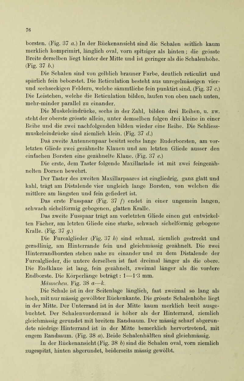 borsten. (Fig. 37 a.) In der Rückenansicht sind die Schalen seitlich kaum merklich komprimirt, länglich oval, vorn spitziger als hinten; die grösste Breite derselben liegt hinter der Mitte und ist geringer als die Schalenhöhe. (Fig. 37 b.) Die Schalen sind von gelblich brauner Farbe, deutlich reticulirt und spärlich fein beborstet. Die Reticulation besteht aus unregelmässigen vier- und sechseckigen Feldern, welche sämmtliche fein punktirt sind. (Fig. 37 c.) Die Leistchen, welche die Reticulation bilden, laufen von oben nach unten, mehr-minder parallel zu einander. Die Muskeleindrücke, sechs in der Zahl, bilden drei Reihen, u. zw. steht der oberste grösste allein, unter demselben folgen drei kleine in einer Reihe und die zwei nachfolgenden bilden wieder eine Reihe. Die Schliess- muskeleindrücke sind ziemlich klein. (Fig. 37 d.) Das zweite Antennenpaar besitzt sechs lange Ruderborsten, am vor- letzten Gliede zwei gezähnelte Klauen und am letzten Gliede ausser den einfachen Borsten eine gezähnelte Klaue. (Fig. 37 e.) Die erste, dem Taster folgende Maxillarlade ist mit zwei feingezäh- nelten Dornen bewehrt. Der Taster des zweiten Maxillarpaares ist eingliedrig, ganz glatt und kahl, trägt am Distalende vier ungleich lange Borsten, von welchen die mittlere am längsten und fein gefiedert ist. Das erste Fusspaar (Fig. 37 f) endet in einer ungemein langen, schwach sichelförmig gebogenen, glatten Kralle. Das zweite Fusspaar trägt am vorletzten Gliede einen gut entwickel- ten Fächer, am letzten Gliede eine starke, schwach sichelförmig gebogene Kralle. (Fig. 37 g.) Die Furcalglieder (Fig. 37 h) sind schmal, ziemlich gestreckt und geradlinig, am Hinterrande fein und gleichmässig gezähnelt. Die zwei Hinterrandborsten stehen nahe zu einander und zu dem Distalende der Furcalglieder, die untere derselben ist fast dreimal länger als die obere. Die Endklaue ist lang, fein gezähnelt, zweimal länger als die vordere Endborste. Die Körperlänge beträgt: 1—R3 mm. Männchen. Fig. 38 a—k. Die Schale ist in der Seitenlage länglich, fast zweimal so lang als hoch, mit nur mässig gewölbter Rückenkante. Die grösste Schalenhöhe liegt in der Mitte. Der Unterrand ist in der Mitte kaum merklich breit ausge- buchtet. Der Schalenvorderrand is höher als der Hinterrand, ziemlich gleichmässig gerundet mit breitem Randsaum. Der mässig scharf abgerun- dete niedrige Hinterrand ist in der Mitte bemerklich hervortretend, mit engem Randsaum. (Fig. 38 a). Beide Schalenhälften sind gleichmässig. In der Rückenansicht (Fig. 38 b) sind die Schalen oval, vorn ziemlich zugespitzt, hinten abgerundet, beiderseits mässig gewölbt.