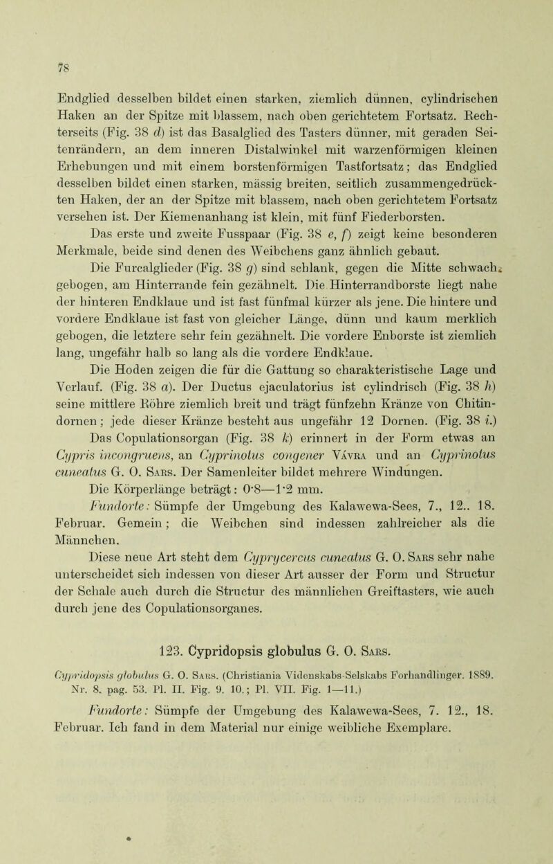 Endglied desselben bildet einen starken, ziemlich dünnen, cylindrischen Haken an der Spitze mit blassem, nach oben gerichtetem Fortsatz. Rech- terseits (Fig. 38 d) ist das Basalglied des Tasters dünner, mit geraden Sei- tenrändern, an dem inneren Distalwinkel mit warzenförmigen kleinen Erhebungen und mit einem borstenförmigen Tastfortsatz; das Endglied desselben bildet einen starken, massig breiten, seitlich zusammengedrück- ten Haken, der an der Spitze mit blassem, nach oben gerichtetem Fortsatz versehen ist. Der Kiemenanhang ist klein, mit fünf Fiederborsten. Das erste und zweite Fusspaar (Fig. 38 e, f) zeigt keine besonderen Merkmale, beide sind denen des Weibchens ganz ähnlich gebaut. Die Furcalglieder (Fig. 38 g) sind schlank, gegen die Mitte schwach* gebogen, am Hinterrande fein gezähnelt. Die Hinterrandborste liegt nahe der hinteren Endklaue und ist fast fünfmal kürzer als jene. Die hintere und vordere Endklaue ist fast von gleicher Länge, dünn und kaum merklich gebogen, die letztere sehr fein gezähnelt. Die vordere Enborste ist ziemlich lang, ungefähr halb so lang als die vordere Endklaue. Die Hoden zeigen die für die Gattung so charakteristische Lage und Verlauf. (Fig. 38 a). Der Ductus ejaculatorius ist cylindrisch (Fig. 38 li) seine mittlere Röhre ziemlich breit und trägt fünfzehn Kränze von Chitin- dornen; jede dieser Kränze besteht aus ungefähr 12 Dornen. (Fig. 38 i.) Das Copulationsorgan (Fig. 38 k) erinnert in der Form etwas an Cypris incongruens, an Cyprinotus congener Vävra und an Cyprinotus cuneatus G. 0. Sars. Der Samenleiter bildet mehrere Windungen. Die Körperlänge beträgt: 0*8—L2 mm. Fundorte: Sümpfe der Umgebung des Ivalawewa-Sees, 7., 12.. 18. Februar. Gemein; die Weibchen sind indessen zahlreicher als die Männchen. Diese neue Art steht dem Cyprycercus cuneatus G. 0. Sars sehr nahe unterscheidet sich indessen von dieser Art ausser der Form und Structur der Schale auch durch die Structur des männlichen Greiftasters, wie auch durch jene des Copulationsorganes. 123. Cypridopsis globulus G. 0. Sars. Cypridopsis globulus G. 0. Saus. (Christiania Viilenskabs-Selskabs Forhaudliuger. 1S89. Nr. 8. pag. 53. PI. II. Fig. 9. 10.; PI. VII. Fig. 1—11.) Fundorte: Sümpfe der Umgebung des Kalawewa-Sees, 7. 12., 18. Februar. Ich fand in dem Material nur einige weibliche Exemplare.
