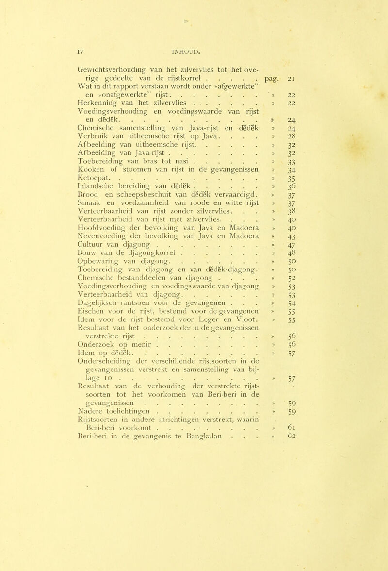 Gewichtsverhouding van het zilvervlies tot het ove- rige gedeelte van de rijstkorrel pag. 21 Wat in dit rapport verstaan wordt onder »afgewerkte” en «onafgewerkte” rijst '» 22 Herkenning van het zilvervlies » 22 Voedingsverhouding en voedingswaarde van rijst en dëdëk » 24 Chemische samenstelling van Java-rijst en dëdëk » 24 Verbruik van uitheemsche rijst op Java. ... >>28 Afbeelding van uitheemsche rijst. ..... » 32 Afbeelding van Java-rijst » 32 Toebereiding van bras tot nasi » 33 Kooken of stoomen van rijst in de gevangenissen » 34 Ketoepat » 35 Inlandsche bereiding van dëdëk » 36 Brood en scheepsbeschuit van dëdëk vervaardigd. » 37 Smaak en voedzaamheid van roode en witte rijst » 37 Verteerbaarheid van rijst zonder zilvervlies. . . » 38 Verteerbaarheid van rijst met zilvervlies. ... >>40 Hoofdvoeding der bevolking van Java en Madoera » 40 Nevenvoeding der bevolking van Java en Madoera » 43 Cultuur van djagong » 47 Bouw van de djagongkorrel >>48 Opbewaring van djagong » 50 Toebereiding van djagong en van dëdëk-djagong. » 50 Chemische bestanddeelen van djagong .... » 52 Voedingsverhouding en voedingswaarde van djagong » 53 Verteerbaarheid van djagong » 53 Dagelijksch rantsoen voor de gevangenen ... » 54 Eischen voor de rijst, bestemd voor de gevangenen « 55 Idem voor de rijst bestemd voor Leger en Vloot. » 55 Resultaat van het onderzoek der in de gevangenissen verstrekte rijst » $6 Onderzoek op menir » 56 Idem op dëdëk » 57 Onderscheiding der verschillende rijstsoorten in de gevangenissen verstrekt en samenstelling van bij- lage 10 » 57 Resultaat van de verhouding der verstrekte rijst- soorten tot het voorkomen van Beri-beri in de gevangenissen » 59 Nadere toelichtingen » 59 Rijstsoorten in andere inrichtingen verstrekt, waarin Beri-beri voorkomt » 6i Beri-beri in de gevangenis te Bangkalan ... » 62