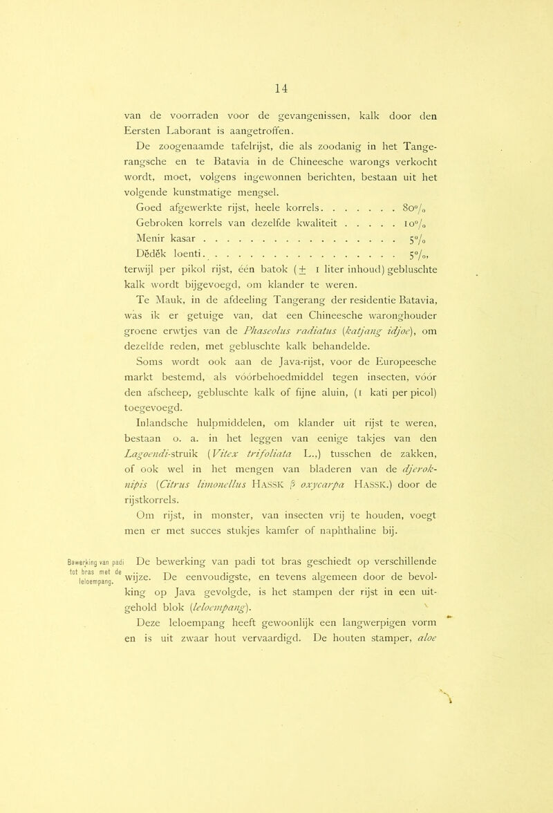 van de voorraden voor de gevangenissen, kalk door den Eersten Laborant is aangetroffen. De zoogenaamde tafelrijst, die als zoodanig in het Tange- rangsche en te Batavia in de Chineesche warongs verkocht wordt, moet, volgens ingewonnen berichten, bestaan uit het volgende kunstmatige mengsel. o o ö Goed afgewerkte rijst, heele korrels 8o“/o Gebroken korrels van dezelfde kwaliteit io°/o Menir kasar 50/0 Dëdêk loenti 5“/o, terwijl per pikol rijst, één batok (+ i liter inhoud) gebluschte kalk wordt bijgevoegd, om klander te weren. Te Mank, in de afdeeling Tangerang der residentie Batavia, was ik er getuige van, dat een Chineesche waronghouder groene erwtjes van de Phaseolus radiatus [katjang idjoé), om dezelfde reden, met gebluschte kalk behandelde. Soms wordt ook aan de Java-rijst, voor de Europeesche markt bestemd, als vóórbehoedmiddel tegen insecten, vóór den afscheep, gebluschte kalk of fijne aluin, (i kati per picol) toegevoegd. Inlandsche hulpmiddelen, om klander uit rijst te weren, bestaan o. a. in het leggen van eenige takjes van den Lagocndi-sXxvSk [Vitex trifoliata L.,) tusschen de zakken, of ook wel in het mengen van bladeren van de djerok- nipis [Citrus livionellus Hassk oxycarpa HaSSK.) door de rijstkorrels. Om rijst, in monster, van insecten vrij te houden, voegt men er met succes stukjes kamfer of naphthaline bij. Bswerking van padi De bewerking van padi tot bras geschiedt op verschillende tot bras met de .. -i-, , . , j j 1 leloerrpang wijze. De eenvoudigste, en tevens algemeen door de bevol- king op Java gevolgde, is het stampen der rijst in een uit- gehold blok [leloempang). Deze leloempang heeft gewoonlijk een langwerpigen vorm en is uit zwaar hout vervaardigd. De houten stamper, aloë