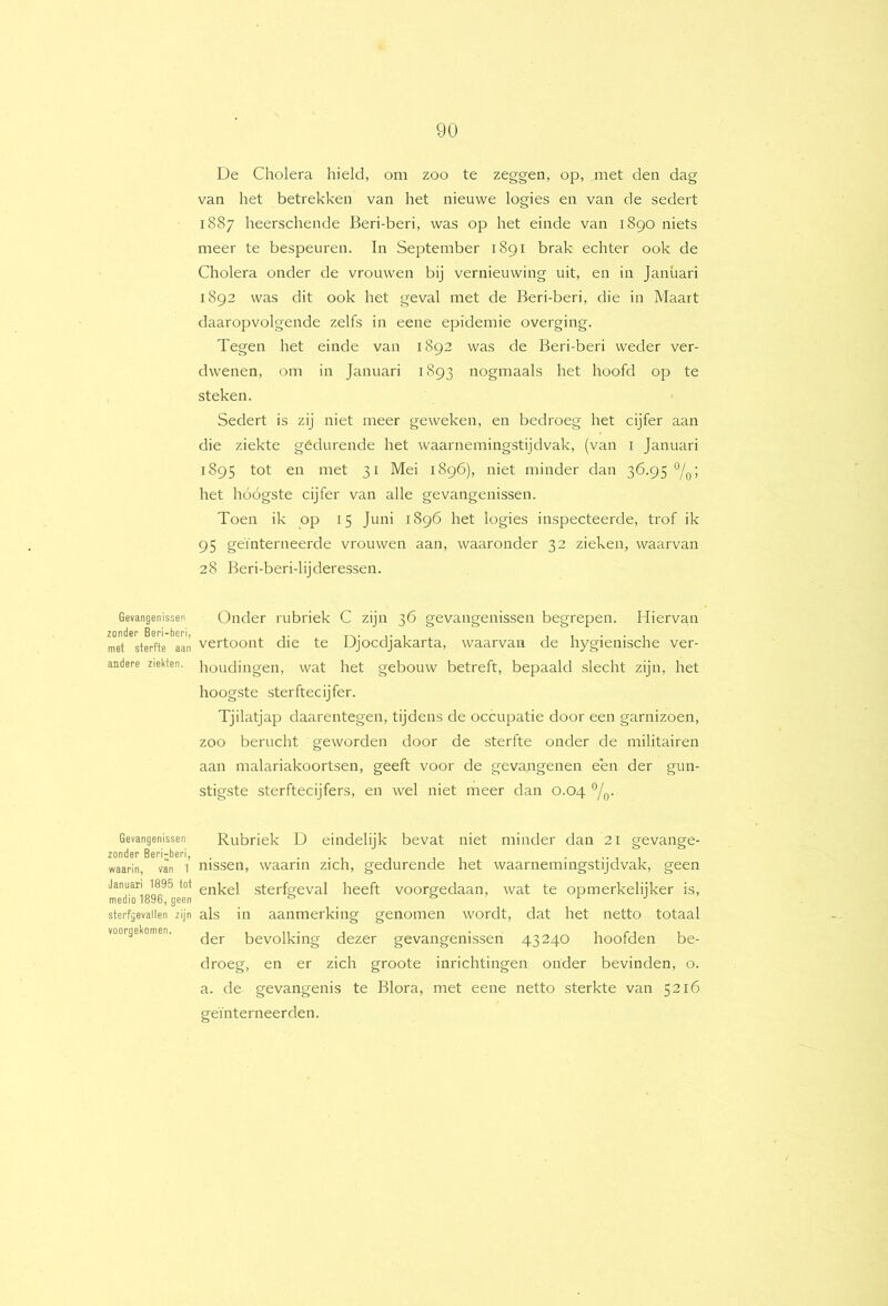 Gevangenissen zonder Beri-beri, met sterfte aan andere ziekten. Gevangenissen zonder Beri^beri, waarin, van 1 Januari 1895 tot medio 1896, geen sterfgevallen zijn voorgekomen. De Cholera hield, om zoo te zeggen, op, met den dag van het betrekken van het nieuwe logies en van de sedert 1887 heerschende Beri-beri, was op het einde van 1890 niets meer te bespeuren. In September 1891 brak echter ook de Cholera onder de vrouwen bij vernieuwing uit, en in Januari 1892 was dit ook het geval met de Beri-beri, die in Maart daaropvolgende zelfs in eene epidemie overging. Tegen het einde van 1892 was de Beri-beri weder ver- dwenen, om in Januari 1893 nogmaals het hoofd op te steken. Sedert is zij niet meer geweken, en bedroeg het cijfer aan die ziekte gédurende het waarnemingstijdvak, (van i Januari 1895 tot en met 31 Mei 1896), niet minder dan 36.95 °/q; het hóógste cijfer van alle gevangenissen. Toen ik op 15 Juni 1896 het logies inspecteerde, trof ik 95 geïnterneerde vrouwen aan, waaronder 32 zieken, waarvan 28 Beri-beri-lijderessen. Onder rubriek C zijn 36 gevangenissen begrepen. Hiervan vertoont die te Djocdjakarta, waarvan de hygiënische ver- houdingen, wat het gebouw betreft, bepaald slecht zijn, het hoogste sterftecijfer. Tjilatjap daarentegen, tijdens de occupatie door een garnizoen, zoo berucht geworden door de sterfte onder de militairen aan malariakoortsen, geeft voor de gevangenen een der gun- stigste sterftecijfers, en wel niet meer dan 0.04 °/q. Rubriek D eindelijk bevat niet minder dan 21 gevange- nissen, waarin zich, gedurende het waarnemingstijdvak, geen enkel sterfgeval heeft voorgedaan, wat te opmerkelijker is, als in aanmerking genomen wordt, dat het netto totaal der bevolking dezer gevangenissen 43240 hoofden be- droeg, en er zich groote inrichtingen onder bevinden, o. a. de gevangenis te Blora, met eene netto sterkte van 5216 geïnterneerden.