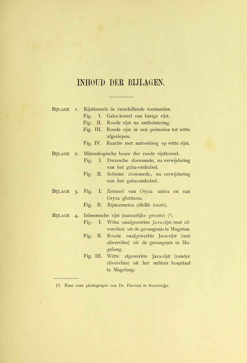 INHOUD DER BIJLAGEN. (*) Bijlage I. Rijstkorrels in verschillende toestanden. Fig. I. Gaba-korrel van harige rijst. Fig. II. Roode rijst na ontbolstering. Fig. III. Roode rijst in een pelmolen tot witte afgeslepen. Fig. IV. Reactie met natronloog op witte rijst. Bijlage 2. Mikroskopische bouw der roode rijstkorrel. Fig. I. Dwarsche doorsnede, na verwijdering van het gaba-omhulsel. Fig. II. Schuine doorsnede, na verwijdering van het gaba-omhulsel. Bijlage 3- Fig. I. Zetmeel van Oryza sativa en van Oryza glutinosa. Fig. II. Rijstzemelen (dëdëk loenti). Bijlage 4- Inheemsche rijst (natuurlijke grootte) (^). Fig. I. Witte onafgewerkte Java-rijst (met zil- vervlies) uit de gevangenis te Magetan. Fig. II. Roode onafgewerkte Java-rijst (met zilvervlies) uit de gevangenis te Ma- gelang. Fig. III. Witte afgewerkte Java-rijst (zonder zilvervlies) uit het militair hospitaal te Magelang.