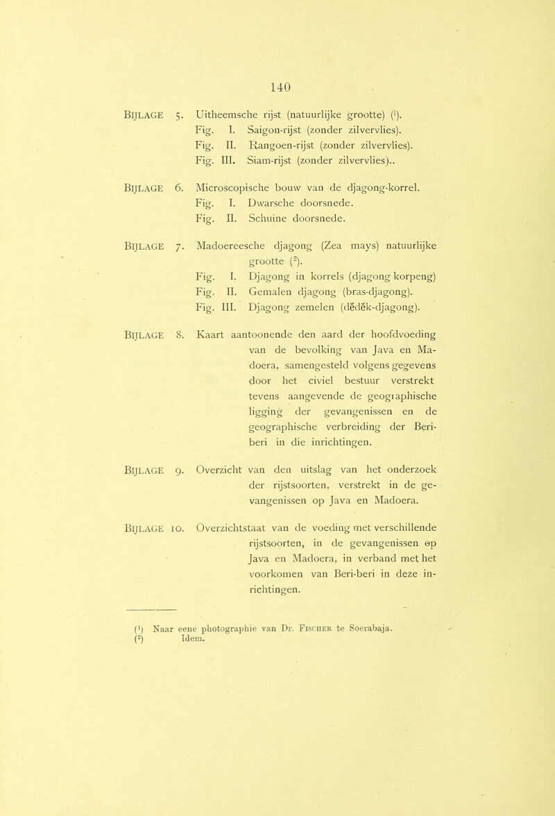 Bijlage Bijlage Bijlage Bijlage Bijlage Bijlage 5. Uitheemsche rijst (natuurlijke grootte) ('). Fig. I. Saigon-rijst (zonder zilvervlies). Fig. II. Rangoen-rijst (zonder zilvervlies). Fig. III. Siam-rijst (zonder zilvervlies).. 6. Microscopische bouw van de djagong-korrel. Figf. I. Dwarsche doorsnede. Fig. II. Schuine doorsnede. 7. Madoereesche djagong (Zea mays) natuurlijke grootte (“). Fig. I. Djagong in korrels (djagong korpeng) Fig. II. Gemalen djagong (bras-djagong). Fig. III. Djagong zemelen (dedek-djagong). 8. Kaart aantoonende den aard der hoofdvoeding van de bevolking van Java en Ma- doera, samengesteld volgens gegevens door het civiel bestuur verstrekt tevens aangevende de geogiaphische 1’ggiirg der gevangenissen en de geographische verbreiding der Beri- beri in die inrichtingen. 9. Overzicht van den uitslag van het onderzoek der rijstsoorten, verstrekt in de ge- vangenissen op Java en Madoera. 10. Overzichtstaat van de voeding met verschillende rijstsoorten, in de gevangenissen op Java en Madoera, in verband met het voorkomen van Beri-beri in deze in- richtingen. (h Naar eene photographie van Dr. Fischer te Soerabaja. (-) Idem.