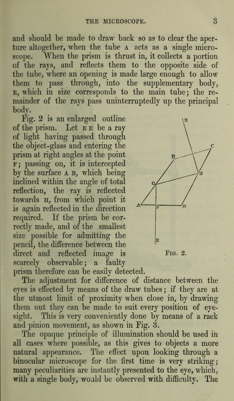 and should be made to draw back so as to clear the aper- ture altogether, when the tube a acts as a single micro- scope. When the prism is thrust in, it collects a portion of the rays, and reflects them to the opposite side of the tube, where an opening is made large enough to allow them to pass through, into the supplementary body, e, which in size corresponds to the main tube; the re- mainder of the rays pass uninterruptedly up the principal body. Tig. 2 is an enlarged outline of the prism. Let e e be a ray of light having passed through the object-glass and entering the prism at right angles at the point f ; passing on, it is intercepted by the surface A b, which being inclined within the angle of total reflection, the ray is reflected towards h, from which point it is again reflected in the direction required. If the prism be cor- rectly made, and of the smallest size possible for admitting the pencil, the difference between the direct and reflected image is scarcely observable; a faulty prism therefore can be easily detected. The adjustment for difference of distance between the eyes is effected by means of the draw tubes; if they are at the utmost limit of proximity when close in, by drawing them out they can be made to suit every position of eye- sight. This is very conveniently done by means of a rack and pinion movement, as shown in Pig. 3. The opaque principle of illumination should be used in all cases where possible, as this gives to objects a more natural appearance. The effect upon looking through a binocular microscope for the first time is very striking; many peculiarities are instantly presented to the eye, which, with a single body, would be observed with difficulty. The