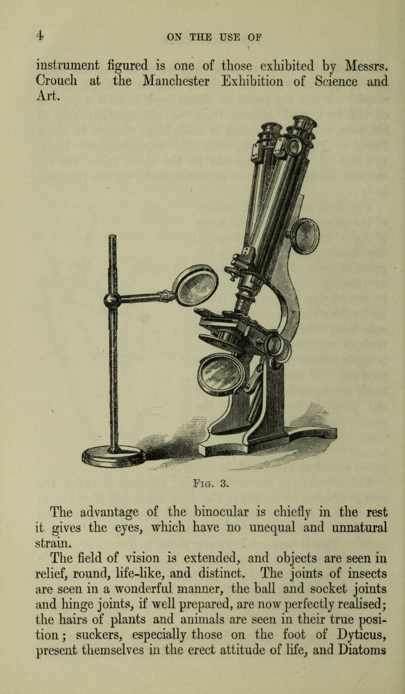 instrument figured is one of those exhibited by Messrs. Crouch at the Manchester Exhibition of Science and Art. Fig. 3. The advantage of the binocular is chiefly in the rest it gives the eyes, which have no unequal and unnatural strain. The field of vision is extended, and objects are seen in relief, round, life-like, and distinct. The joints of insects are seen in a wonderful manner, the ball and socket joints and hinge joints, if well prepared, are now perfectly realised; the hairs of plants and animals are seen in their true posi- tion ; suckers, especially those on the foot of Dyticus, present themselves in the erect attitude of life, and Diatoms