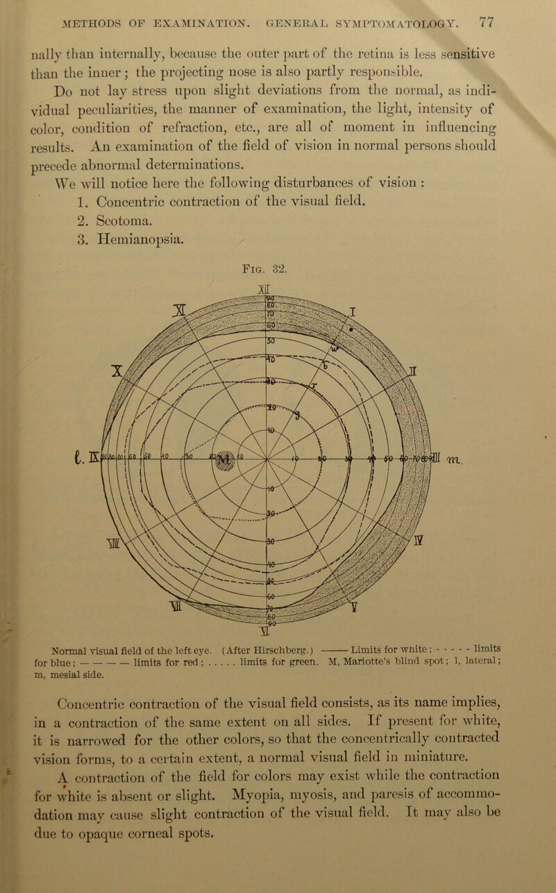 nally than internally, because the outer part of the retina is less sensitive than the inner j the projecting nose is also partly responsible. Do not lay stress upon slight deviations from the normal, as indi- vidual peculiarities, the manner of examination, the light, intensity of color, condition of refraction, etc., are all of moment in influencing results. An examination of the field of vision in normal persons should precede abnormal determinations. We will notice here the following disturbances of vision : 1. Concentric contraction of the visual field. 2. Scotoma. 3. Hemianopsia. Fig. 32. 11 Normal visual field of the left eye. (After Hirschberg.) Limits for white; limits for blue; limits for red; limits for green. M, Mariotte’s blind spot; 1, lateral; m, mesial side. Concentric contraction of the visual field consists, as its name implies, in a contraction of the same extent on all sides. If present for white, it is narrowed for the other colors, so that the concentrically contracted vision forms, to a certain extent, a normal visual field in miniature. A contraction of the field for colors may exist while the contraction for white is absent or slight. Myopia, myosis, and paresis of accommo- dation may cause slight contraction of the visual field. Tt may also be due to opaque corneal spots.