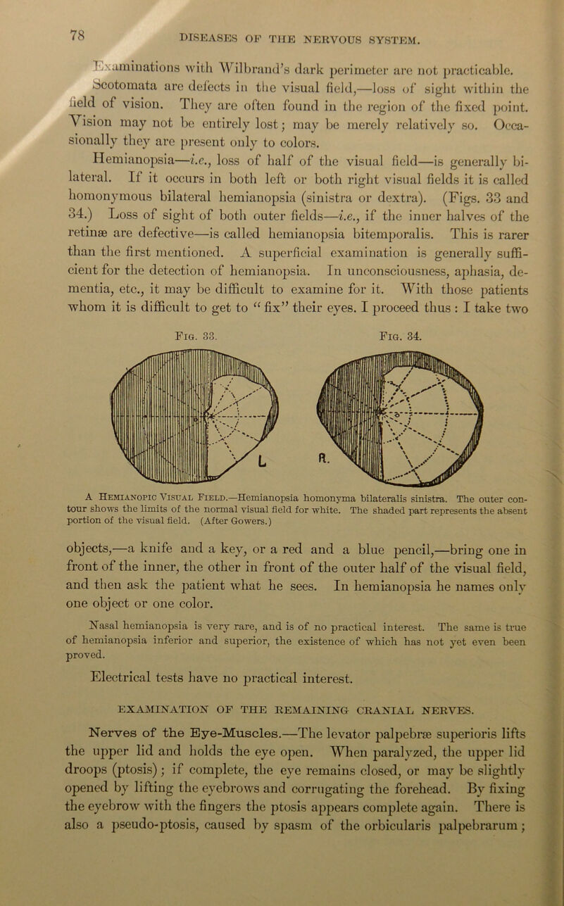 Jv. ami nations with Wilbrand’s dark perimeter are not practicable, ocotomata are defects in the visual field,—loss of sight within the ueld of vision. They are often found in the region of the fixed point. Vision may not be entirely lost; may be merely relatively so. Occa- sionally they are present only to colors. Hemianopsia—i.e., loss of half of the visual field—is generally bi- lateral. It it occurs in both left or both right visual fields it is called homonymous bilateral hemianopsia (sinistra or dextra). (Figs. 33 and 34.) Loss of sight of both outer fields—i.e., if the inner halves of the retinae are defective—is called hemianopsia bitemporalis. This is rarer than the first mentioned. A superficial examination is generally suffi- cient for the detection of hemianopsia. In unconsciousness, aphasia, de- mentia, etc., it may be difficult to examine for it. With those patients whom it is difficult to get to “ fix” their eyes. I proceed thus : I take two Fig. 33. A Hemianopic Visual Field.—Hemianopsia tour shows the limits of the normal visual field f portion of the visual field. (After Gowers.) Fig. 34. homonyma bilateralis sinistra. The outer con- >r white. The shaded part represents the absent objects,—a knife and a key, or a red and a blue pencil,—bring one in front of the inner, the other in front of the outer half of the visual field, and then ask the patient what he sees. In hemianopsia he names only one object or one color. Nasal hemianopsia is very rare, and is of no practical interest. The same is true of hemianopsia inferior and superior, the existence of which has not yet even been proved. Electrical tests have no practical interest. EXAMINATION OF THE REMAINING CRANIAL NERVES. Nerves of the Eye-Muscles.—The levator jialpebrse superioris lifts the upper lid and holds the eye open. When paralyzed, the upper lid droops (ptosis); if complete, the eye remains closed, or may be slightly opened by lifting the eyebrows and corrugating the forehead. By fixing the eyebrow with the fingers the ptosis appears complete again. There is also a pseudo-ptosis, caused by spasm of the orbicularis palpebrarum;