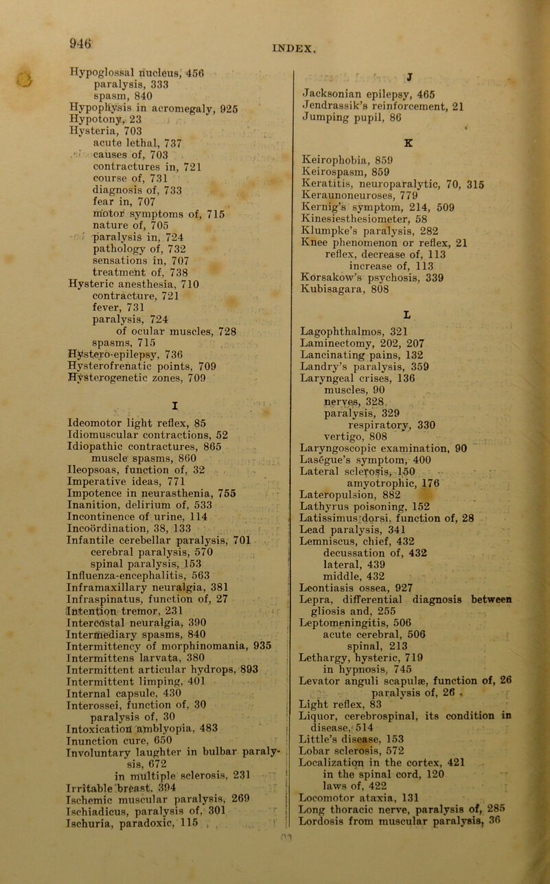 INDEX. Hypoglossal nucleus, 456 paralysis, 333 spasm, 840 Hypophysis in acromegaly, 925 Hypotony, 23 Hysteria, 703 acute lethal, 737 • causes of, 703 contractures in, 721 course of, 731 diagnosis of, 733 fear in, 707 motor symptoms of, 715 nature of, 705 ■ r paralysis in, 724 pathology of, 732 sensations in, 707 treatment of, 738 Hysteric anesthesia, 710 contracture, 721 fever, 731 paralysis, 724 of ocular muscles, 728 spasms, 715 Hystero-epilepsy, 736 Hysterofrenatic points, 709 Hvsterogenetic zones, 709 I Ideomotor light reflex, 85 Idiomuseular contractions, 52 Idiopathic contractures, 865 muscle spasms, 860 Ileopsoas, function of, 32 Imperative ideas, 771 Impotence in neurasthenia, 755 Inanition, delirium of, 533 Incontinence of urine, 114 Incoordination, 38, 133 Infantile cerebellar paralysis, 701 cerebral paralysis, 570 spinal paralysis, 153 Influenza-encephalitis, 563 Inframaxillary neuralgia, 381 Infraspinatus, function of, 27 Intention tremor, 231 i Intercostal neuralgia, 390 Intermediary spasms, 840 Intermittency of morphinomania, 935 Intermittens larvata, 380 Intermittent articular hydrops, 893 Intermittent limping, 401 Internal capsule, 430 Interossei, function of, 30 paralysis of, 30 Intoxication amblyopia, 483 Inunction cure, 650 Involuntary laughter in bulbar paraly- sis, 672 in multiple sclerosis, 231 Irritable breast, 394 Ischemic muscular paralysis, 269 Tschiadicus, paralysis of, 301 Ischuria, paradoxic, 115 , . 01 J Jacksonian epilepsy, 465 Jendrassik’s reinforcement, 21 Jumping pupil, 86 < K Keirophobia, 859 Keirospasm, 859 Keratitis, neuroparalytic, 70, 315 Keraunoneuroses, 779 Kernig’s symptom, 214, 509 Kinesiesthesiometer, 58 Klumpke’s paralysis, 282 Knee phenomenon or reflex, 21 reflex, decrease of, 113 increase of, 113 Korsakow’s psychosis, 339 Kubisagara, 808 Lagophthalmos, 321 Laminectomy, 202, 207 Lancinating pains, 132 Landry’s paralysis, 359 Laryngeal crises, 136 muscles, 90 nerves, 328 paralysis, 329 respiratory, 330 vertigo, 808 Laryngoscopic examination, 90 Lasegue’s symptom, 400 Lateral sclerosis, 150 amyotrophic, 176 Lateropulsion, 882 Lathyrus poisoning, 152 Latissimus.;dprsi, function of, 28 Lead paralysis, 341 Lemniscus, chief, 432 decussation of, 432 lateral, 439 middle, 432 Leontiasis ossea, 927 Lepra, differential diagnosis between gliosis and, 255 Leptomeningitis, 506 acute cerebral, 506 spinal, 213 Lethargy, hysteric, 719 in hypnosis, 745 Levator anguli scapulae, function of, 26 , ; paralysis of, 26 , Light reflex, 83 Liquor, cerebrospinal, its condition in disease/514 Little’s disease, 153 Lobar sclerosis, 572 Localization in the cortex, 421 in the spinal cord, 120 laws of, 422 Locomotor ataxia, 131 Long thoracic nerve, paralysis of, 285 Lordosis from muscular paralysis, 36