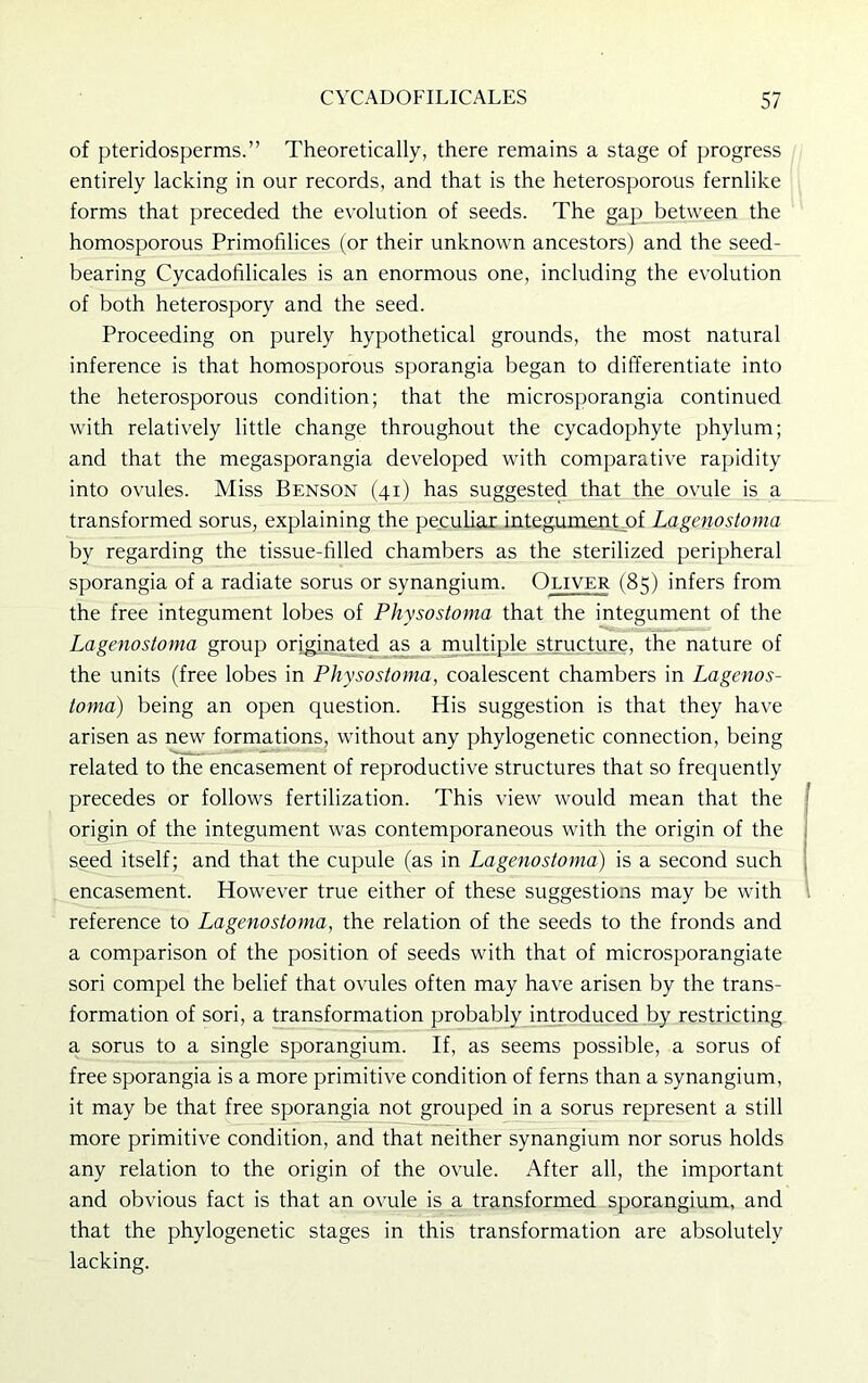 of pteridosperms.” Theoretically, there remains a stage of progress entirely lacking in our records, and that is the heterosporous fernlike forms that preceded the evolution of seeds. The gap between the homosporous Primofilices (or their unknown ancestors) and the seed- bearing Cycadofilicales is an enormous one, including the evolution of both heterospory and the seed. Proceeding on purely hypothetical grounds, the most natural inference is that homosporous sporangia began to differentiate into the heterosporous condition; that the microsporangia continued with relatively little change throughout the cycadophyte phylum; and that the megasporangia developed with comparative rapidity into ovules. Miss Benson (41) has suggested that the ovule is a transformed sorus, explaining the peculiar integument of Lagenostoma by regarding the tissue-filled chambers as the sterilized peripheral sporangia of a radiate sorus or synangium. Oliver (85) infers from the free integument lobes of Physostoma that the integument of the Lagenostoma group originated as a multiple structure, the nature of the units (free lobes in Physostoma, coalescent chambers in Lagenos- toma) being an open question. His suggestion is that they have arisen as new formations, without any phylogenetic connection, being related to the encasement of reproductive structures that so frequently precedes or follows fertilization. This view would mean that the origin of the integument was contemporaneous with the origin of the seed itself; and that the cupule (as in Lagenostoma) is a second such encasement. However true either of these suggestions may be with reference to Lagenostoma, the relation of the seeds to the fronds and a comparison of the position of seeds with that of microsporangiate sori compel the belief that ovules often may have arisen by the trans- formation of sori, a transformation probably introduced by restricting a sorus to a single sporangium. If, as seems possible, a sorus of free sporangia is a more primitive condition of ferns than a synangium, it may be that free sporangia not grouped in a sorus represent a still more primitive condition, and that neither synangium nor sorus holds any relation to the origin of the ovule. After all, the important and obvious fact is that an ovule is a transformed sporangium, and that the phylogenetic stages in this transformation are absolutely lacking.