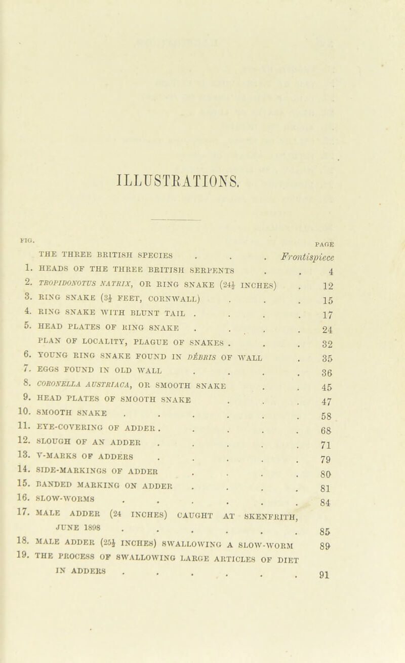 ILLUSTEATIONS. 1. 2. 3. 4. 5. 6. 7. 8. 9. 10. 11. 12. 13. 14. 15. 16. 17. 18. 19. THE THREE BRITISH SPECIES HEADS OF THE THREE BRITISH SERPENTS TROPIDONOTUS NATHIX, OR RING SNAKE (244 INCHES) RING SNAKE (3J FEET, CORNWALL) RING SNAKE WITH BLUNT TAIL . HEAD PLATES OF KING SNAKE PLAN OF LOCALITY, PLAGUE OF SNAKES YOUNG RING SNAKE FOUND IN DEBRIS OF WALL EGGS FOUND IN OLD AVALL COROXELLA AVSTRIACA, OR SMOOTH SNAKE HEAD PLATES OF SMOOTH SNAKE SMOOTH SNAKE eye-covering of adder . SLOUGH OF AN ADDER V-MARKS OF ADDERS SIDE-MARKINGS OF ADDER BANDED .MARKING ON ADDER SLOAV-WORMS MALE ADDER (24 INCHES) CAUGHT AT SKENFRITH JUNE 1898 ..... MALE ADDER (2oJ INCHES) SAVALLOAVING A SLOAV-AVORM THE PROCESS OF SAVALLOAVING LARGE ARTICLES OF DIET PAGE Frontispiece 4 12 15 17 24 32 35 36 45 47 58 68 71 79 80 81 84 85 89 IN ADDERS 91