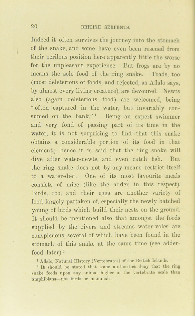 Indeed it often survives tlie journey into the stomach of the snake, and some have even been rescued from their perilous position here apparently little the worse for the unpleasant experience. But frogs are by no means the sole food of the ring snake. Toads, too (most deleterious of foods, and rejected, as Aflalo says, by almost every living creature), are devoured. Newts also (again deleterious food) are welcomed, being “often captured in the water, but invariably con- sumed on the bank.” ^ Being an expert swimmer and very fond of passing part of its time in the water, it is not surprising to find that this snake obtains a considerable portion of its food in that element; hence it is said that the ring snake will dive after water-newts, and even catch fish. But the ring snake does not by any means restrict itself to a water-diet. One of its most favourite meals consists of mice (like the adder in this respect). Birds, too, and their eggs are another variety of food largely partaken of, especially the newly hatched young of birds which build their nests on the ground. It should be mentioned also that amongst the foods supplied by tbe rivers and streams water-voles are conspicuous, several of which have been found in the stomach of this snake at the same time (see adder- food later).2 1 Aflalo, Natural History (Vertebrates) of the British Islands. * It should be stated that some authorities deny that the ring .snake feeds upon any animal higher in the vertebnitc scJile than amphibians—not birds or mammals.