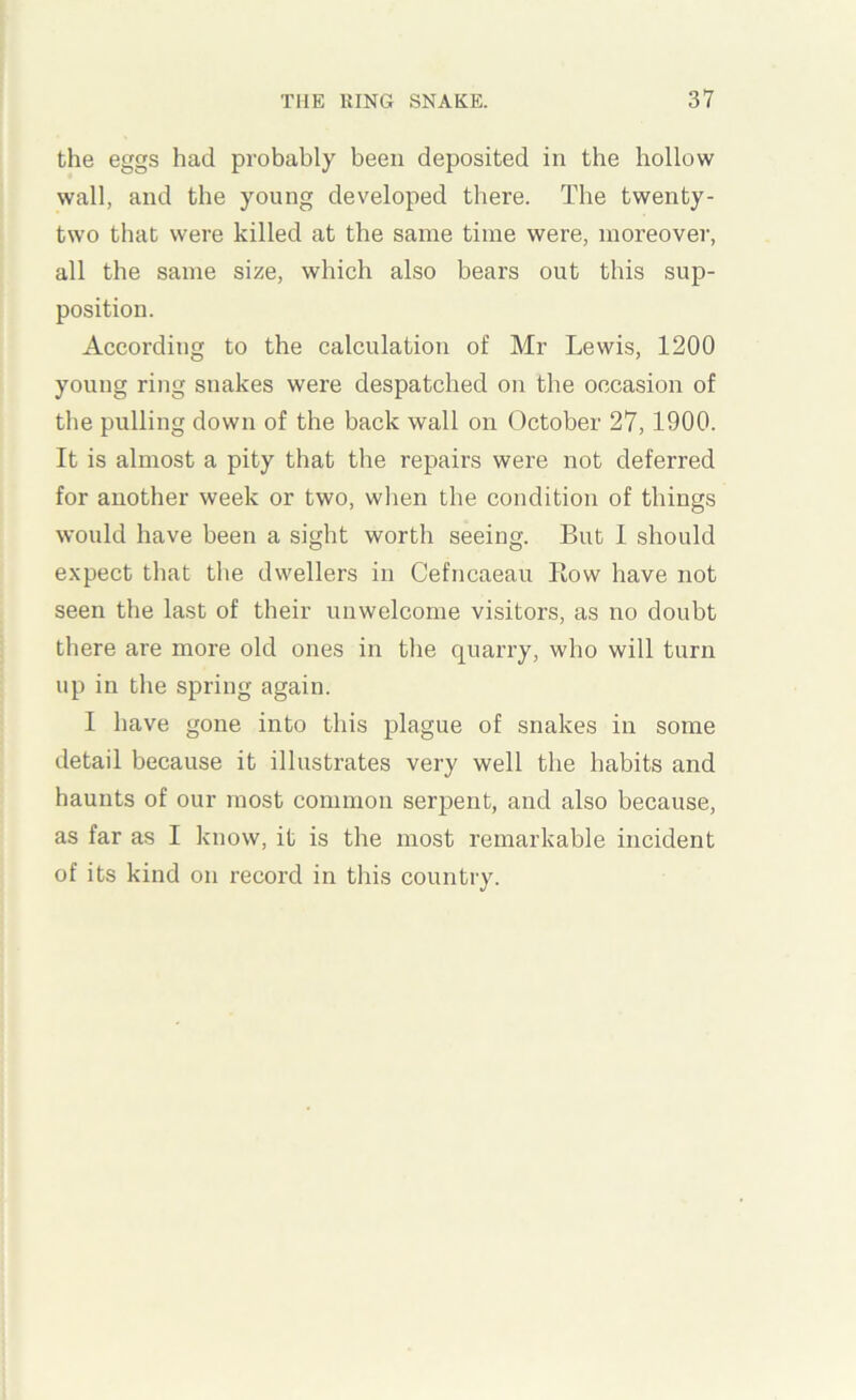 the eggs had probably been deposited in the hollow wall, and the young developed there. The twenty- two that were killed at the same time were, moreover, all the same size, which also bears out this sup- position. According to the calculation of Mr Lewis, 1200 young ring snakes were despatched on the occasion of the pulling down of the back wall on October 27,1900. It is almost a pity that the repairs were not deferred for another week or two, when the condition of things would have been a sight worth seeing. But 1 should expect that the dwellers in Cefncaeau Row have not seen the last of their unwelcome visitors, as no doubt there are more old ones in the quarry, who will turn up in the spring again. I have gone into this plague of snakes in some detail because it illustrates very well the habits and haunts of our most common serpent, and also because, as far as I know, it is the most remarkable incident of its kind on record in this country.