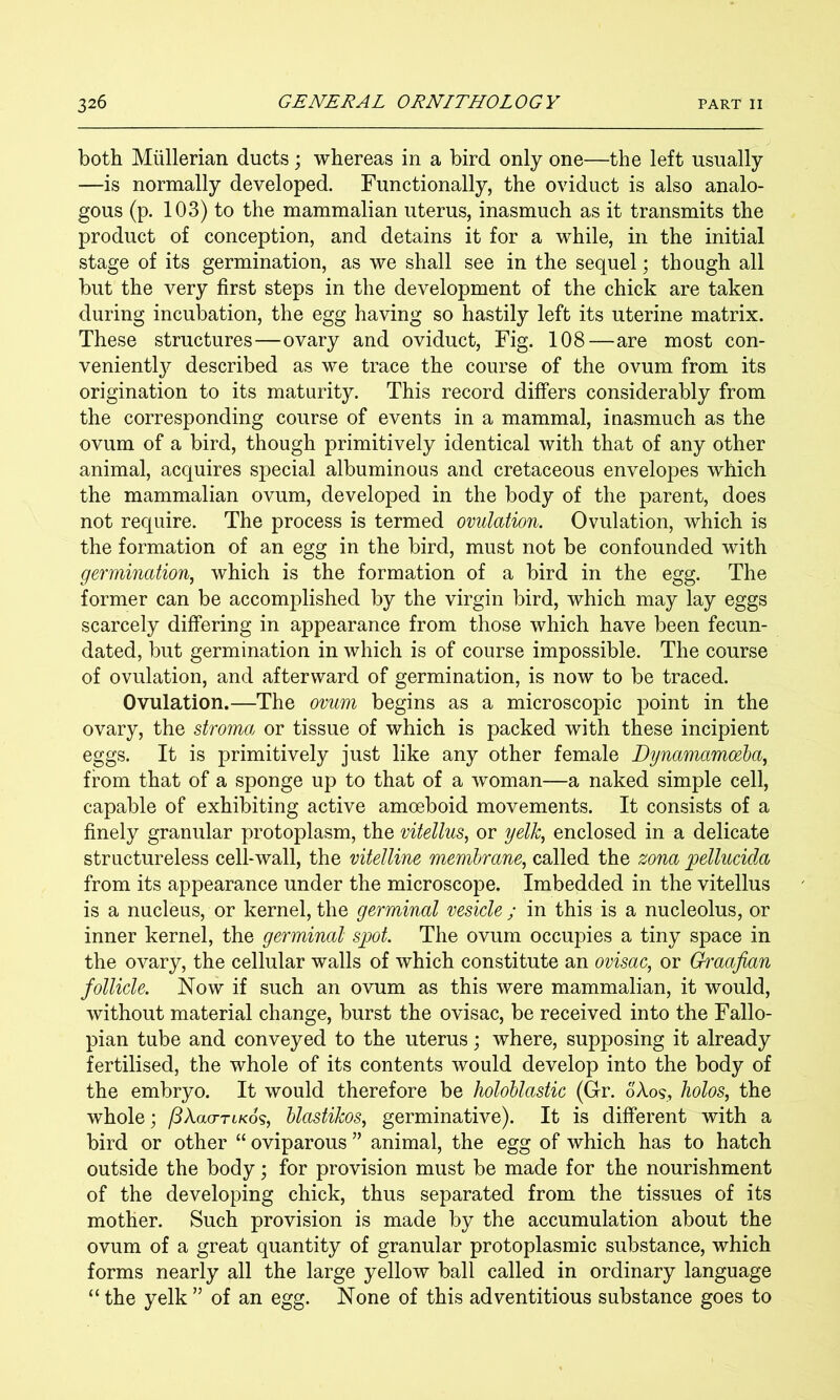 both Mullerian ducts; whereas in a bird only one—the left usually —is normally developed. Functionally, the oviduct is also analo- gous (p. 103) to the mammalian uterus, inasmuch as it transmits the product of conception, and detains it for a while, in the initial stage of its germination, as we shall see in the sequel; though all but the very first steps in the development of the chick are taken during incubation, the egg having so hastily left its uterine matrix. These structures—ovary and oviduct. Fig. 108—are most con- venientlj^ described as we trace the course of the ovum from its origination to its maturity. This record differs considerably from the corresponding course of events in a mammal, inasmuch as the ovum of a bird, though primitively identical with that of any other animal, acquires special albuminous and cretaceous envelopes which the mammalian ovum, developed in the body of the parent, does not require. The process is termed ovulation. Ovulation, which is the formation of an egg in the bird, must not be confounded with germination, which is the formation of a bird in the egg. The former can be accomplished by the virgin bird, which may lay eggs scarcely differing in appearance from those which have been fecun- dated, but germination in which is of course impossible. The course of ovulation, and afterward of germination, is now to be traced. Ovulation.—The ovum begins as a microscopic point in the ovary, the stroma or tissue of which is packed with these incipient eggs. It is primitively just like any other female Dynamamoeba, from that of a sponge up to that of a woman—a naked simple cell, capable of exhibiting active amoeboid movements. It consists of a finely granular protoplasm, the vitellus, or yelk, enclosed in a delicate structureless cell-wall, the vitelline membrane, called the zona pellucidM from its appearance under the microscope. Imbedded in the vitellus is a nucleus, or kernel, the germinal vesicle ; in this is a nucleolus, or inner kernel, the germinal spot. The ovum occupies a tiny space in the ovary, the cellular walls of which constitute an ovisac, or Graafian follicle. Now if such an ovum as this were mammalian, it would, without material change, burst the ovisac, be received into the Fallo- pian tube and conveyed to the uterus; where, supposing it already fertilised, the whole of its contents would develop into the body of the embryo. It would therefore be holoblastic (Gr. 6Xo<s, liolos, the whole; /lAao-rtKos, blastikos, germinative). It is different with a bird or other “ oviparous ” animal, the egg of which has to hatch outside the body; for provision must be made for the nourishment of the developing chick, thus separated from the tissues of its mother. Such provision is made by the accumulation about the ovum of a great quantity of granular protoplasmic substance, which forms nearly all the large yellow ball called in ordinary language “ the yelk ” of an egg. None of this adventitious substance goes to