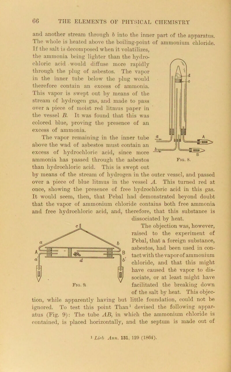 and another stream through b into the inner part of the apparatus. The whole is heated above the boiling-point of ammonium chloride. If the salt is decomposed when it volatilizes, the ammonia being lighter than the hydro- chloric acid would diffuse more rapidly through the plug of asbestos. The vapor in the inner tube below the plug would therefore contain an excess of ammonia. This vapor is swept out by means of the stream of hydrogen gas, and made to pass over a piece of moist red litmus paper in the vessel B. It was found that this was colored blue, proving the presence of an excess of ammonia. The vapor remaining in the inner tube above the wad of asbestos must contain an excess of hydrochloric acid, since more ammonia has passed through the asbestos Fig. 8. than hydrochloric acid. This is swept out by means of the stream of hydrogen in the outer vessel, and passed over a piece of blue litmus in the vessel A. This turned red at once, showing the presence of free hydrochloric acid in this gas. It would seem, then, that Pebal had demonstrated beyond doubt that the vapor of ammonium chloride contains both free ammonia and free hydrochloric acid, and, therefore, that this substance is dissociated by heat. The objection was, however, raised to the experiment of Pebal, that a foreign substance, asbestos, had been used in con- tact with the vapor of ammonium chloride, and that this might have caused the vapor to dis- sociate, or at least might have Fig. a facilitated the breaking down of the salt by heat. This objec- tion, while apparently having but little foundation, could not be ignored. To test this point Than1 devised the following appar- atus (Fig. 9): The tube AB, in which the ammonium chloride is contained, is placed horizontally, and the septum is made out of i Lifib Ann. 131. 120 (1864).