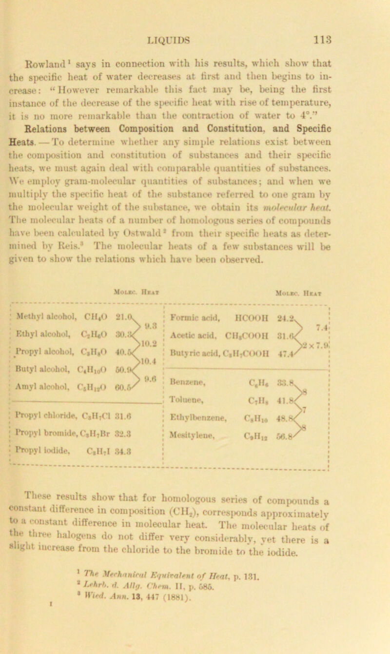 Rowland 1 says in connection with his results, which show that the specific heat of water decreases at first and then begins to in- crease: “However remarkable this fact may be, being the first instance of the decrease of the specific heat with rise of temperature, it is no more remarkable than the contraction of water to 4°.” Relations between Composition and Constitution, and Specific Heats. — To determine whether any simple relations exist between the composition and constitution of substances and their specific heats, we must again ileal with comparable quantities of substances. We employ gram-molecular quantities of substances; and when we multiply the specific heat of the substance referred to one gram by the molecular weight of the substance, we obtain its molecular heat. The molecular heats of a number of homologous series of compounds have been calculated by Ostwald * from their specific heats as deter- mined by Reis.3 The molecular heats of a few substances will lie given to show the relations which have been observed. Mol*-. Heat Molec. Heat Methyl alcohol, CI1«0 Kthyl alcohol, Ctll«0 I*ropyl alcohol, C*H*0 Butyl alcohol, C4H10O Amyl alcohol, C*1I„0 Propyl chloride, C»II7C1 31.0 Propyl bromide, C*H,Hr 82.3 Propyl iodide. CaII7I 84.3 Formic acid, HOOOH Acetic acid. CH*COOH Butyric acid, C*I17C(H)H 7.4 Ml Benzene, Toluene, Ethylbenzene, Mesitylene, C.H. C7I1, C,HI0 C.ll u 56. These results show that for homologous series of compounds a constant difference in composition (OH,), corresponds approximately to a constant difference in molecular heat. The molecular heats of he three halogens do not differ very considerably, yet there is a »hght liter ease from the chloride to the bromide to the iodide. ' 7 hr Mt.rhnniral Equivalent of Heat, p. 131. 3 I.ehrh. d. Alin. ('hem. II. p. 586. * HW. Ann. 13, 447 (1881),