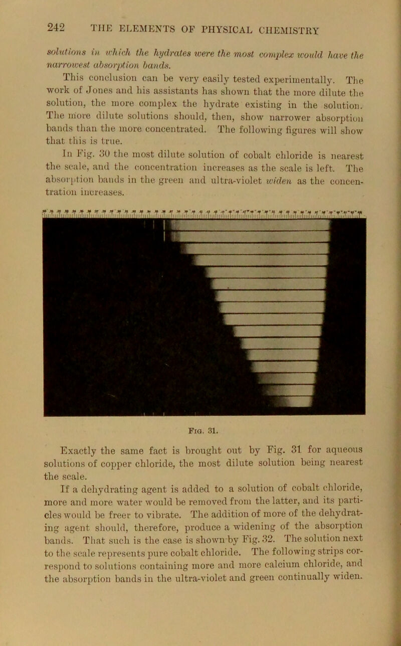 solutions in which the hydrates were the most complex would have the narrowest absorption bands. This conclusion can be very easily tested experimentally. The work of Jones and his assistants has shown that the more dilute the solution, the more complex the hydrate existing in the solution. The more dilute solutions should, then, show narrower absorption bands than the more concentrated. The following figures will show that this is true. In Pig. o0 the most dilute solution of cobalt chloride is nearest the scale, and the concentration increases as the scale is left. The absorption bauds in the green and ultra-violet widen as the concen- tration increases. Exactly the same fact is brought out by Eig. 31 for aqueous solutions of copper chloride, the most dilute solution being nearest the scale. If a dehydrating agent is added to a solution of cobalt chloride, more and more water would be removed from the latter, aud its parti- cles would be freer to vibrate. The addition of more of the dehydrat- ing agent should, therefore, produce a widening of the absorption bands. That such is the case is shown by Fig. 32. The solution next to the scale represents pure cobalt chloride. The following strips cor- respond to solutions containing more and more calcium chloride, and the absorption bands in the ultra-violet and green continually widen.