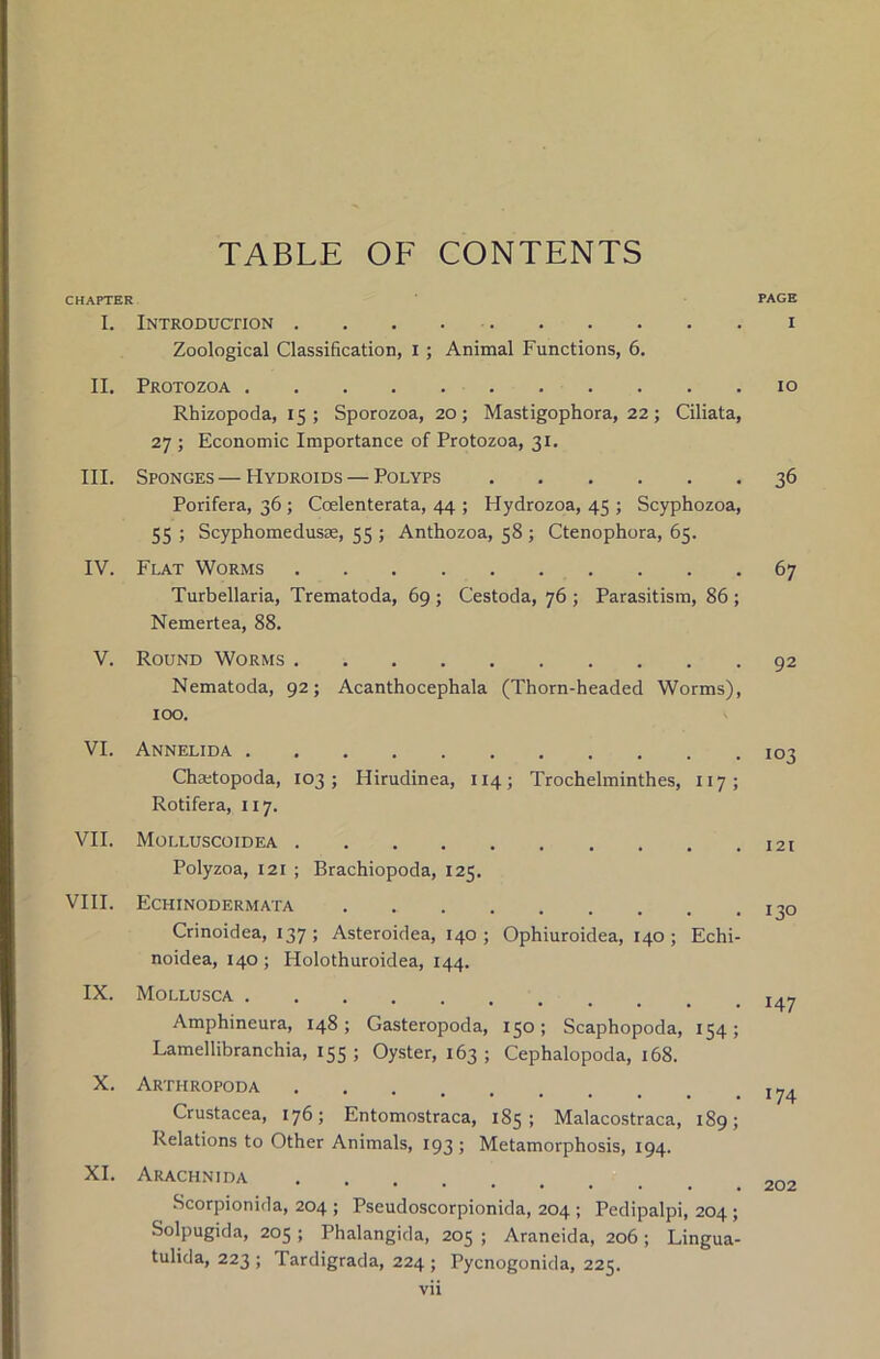 TABLE OF CONTENTS CHAPTER PAGE I. Introduction i Zoological Classification, I ; Animal Functions, 6. II. Protozoa io Rhizopoda, 15; Sporozoa, 20; Mastigophora, 22; Ciliata, 27 ; Economic Importance of Protozoa, 31. III. Sponges—Hydroids — Polyps 36 Porifera, 36 ; Coelenterata, 44 ; Hydrozoa, 45 ; Scyphozoa, 55 ; Scyphomedusse, 55 ; Anthozoa, 58 ; Ctenophora, 65. IV. Flat Worms 67 Turbellaria, Trematoda, 69 ; Cestoda, 76 ; Parasitism, 86 ; Nemertea, 88. V. Round Worms Nematoda, 92; Acanthocephala (Thorn-headed Worms), 100. VI. Annelida Chsetopoda, 103; Hirudinea, 114; Trochelminthes, 117 ; Rotifera, 117. VII. Molluscoidea Polyzoa, 121 ; Brachiopoda, 125. VIII. Echinodermata Crinoidea, 137; Asteroidea, 140 ; Ophiuroidea, 140; Echi- noidea, 140 ; Holothuroidea, 144. IX. Mollusca Amphineura, 148; Gasteropoda, 150; Scaphopoda, 154; Lamellibranchia, 155 ; Oyster, 163 ; Cephalopoda, 168. X. Arthropoda Crustacea, 176; Entomostraca, 185; Malacostraca, 189; Relations to Other Animals, 193; Metamorphosis, 194. XI. Arachnida Scorpionida, 204 ; Pseudoscorpionida, 204 ; Pedipalpi, 204 ; Solpugida, 205 ; Phalangida, 205 ; Araneida, 206; Lingua- tulida, 223 ; Tardigrada, 224 ; Pycnogonida, 225. vii 103 121 130 147 174 202
