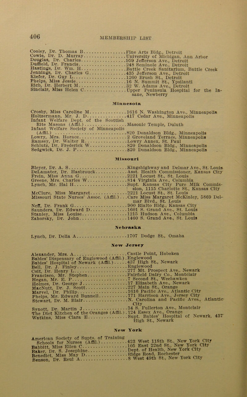 Cooley, Dr. Thomas B.. Cowie, Dr. D. Murray. . Douglas, Dr. Charles... Duffield, Dr. Francis. . . . Hastings, Dr. Wm. H. . . Jennings, Dr. Charles G Kiefer, Dr. Guy L Phelps, Miss Jessie Rich, Dr. Herbert M. . . . Sinclair, Miss Helen C. . Fine Arts Bldg., Detroit University of Michigan, Ann Arbor 959 Jefferson Ave., Detroit 248 Seminole Ave., Detroit Battle Creek Sanitarium, Battle Creek 435 Jefferson Ave., Detroit 1260 Brush St., Detroit 16 N. Summit St., Ypsilanti 32 W. Adams Ave., Detroit Upper Peninsula Hospital for the In- sane, Newberry Minnesota Crosby, Miss Caroline M 1616 N. Washington Ave., Minneapolis Holtzermann, Mr. J. D 417 Cedar Ave., Minneapolis Infant Welfare Dept, of the Scottish Rite Masons (Affil.) Masonic Temple, Duluth Infant Welfare Society of Minneapolis (Affil.) 820 Donaldson Bldg., Minneapolis Lowry, Mrs. Horace 2 Groveland Terrace, Minneapolis Ramsey, Dr. Walter R Lowry Annex, St. Paul Schlutz, Dr. Frederick W 820 Donaldson Bldg., Minneapolis Sedgwick, Dr. J. P 820 Donaldson Bldg., Minneapolis Missouri Bleyer, Dr. A. S Kingshighway and Delmar Ave., St. Louis DeLamater, Dr. Hasbrouck Asst. Health Commissioner, Kansas City Frein, Miss Anna G 2221 Locust St., St. Louis Greene, Mrs. Charles W 814 Virginia Ave., Columbia Lynch, Mr. Hal H Supt. Kansas City Pure Milk Commis- ! sion, 1115 Charlotte St., Kansas City McClure, Miss Margaret 2221 Locust St., St. Louis Missouri State Nurses’ Assoc. (Affil.). . .Care Miss Margaret McKinley, 5869 Del- mar Blvd., St. Louis Neff, Dr. Frank G 900 Rialto Bldg., Kansas City Saunders, Dr. Edward D 1601 S. Grand Ave., St. Louis Stanley, Miss Louise 1215 Hudson Ave., Columbia Zahorsky, Dr. John 1460 S. Grand Ave., St. Louis Nebraska Lynch, Dr. Delia A 1707 Dodge St., Omaha New Jersey Alexander, Mrs. A Castle Point, Hoboken Babies’ Dispensary of Englewood (Affil.) .Englewood Babies’ Hospital of Newark (Affil.) 437 High St., Newark Bell, Dr. J. Finley Englewood Coit Dr. Henry L 277 Mt. Prospect Ave., Newark BTancisco, Mr. Stephen Fairfield Dairy Co., Montclair Hogan, Mr. E. P 7 Second St., Weehawken Holmes, Dr. George J 17 Elizabeth Ave., Newark MacNutt, Dr. J. Scott 227 Main St., Orange Marvel Dr. Philip 1616 Pacific Ave., Atlantic City Phelps’ Mr. Edward Bunnell 171 Harrison Ave., Jersey City Stewart, Dr. M. Blair N. Carolina and Pacific Aves., Atlantic- City Synott, Dr. Martin J 34 S. Fullerton Ave., Montclair The Diet Kitchen of the Oranges (Affil.) . 124 Essex Ave., Orange Watkins, Miss Clara E Supt. Babies’ Hospital of Newark, 437 High St., Newark New York American Society of Supts. of Training Schools for Nurses (Affil.) Babbitt, Miss Ellen C Baker, Dr. S. Josephine Benedict, Miss May D Benson, Dr. Reul A 423 West 118th St., New York City 105 East 22nd St., New York City Dept, of Health, New York City Ridge Road, Rochester 8 West 49th St., New York City