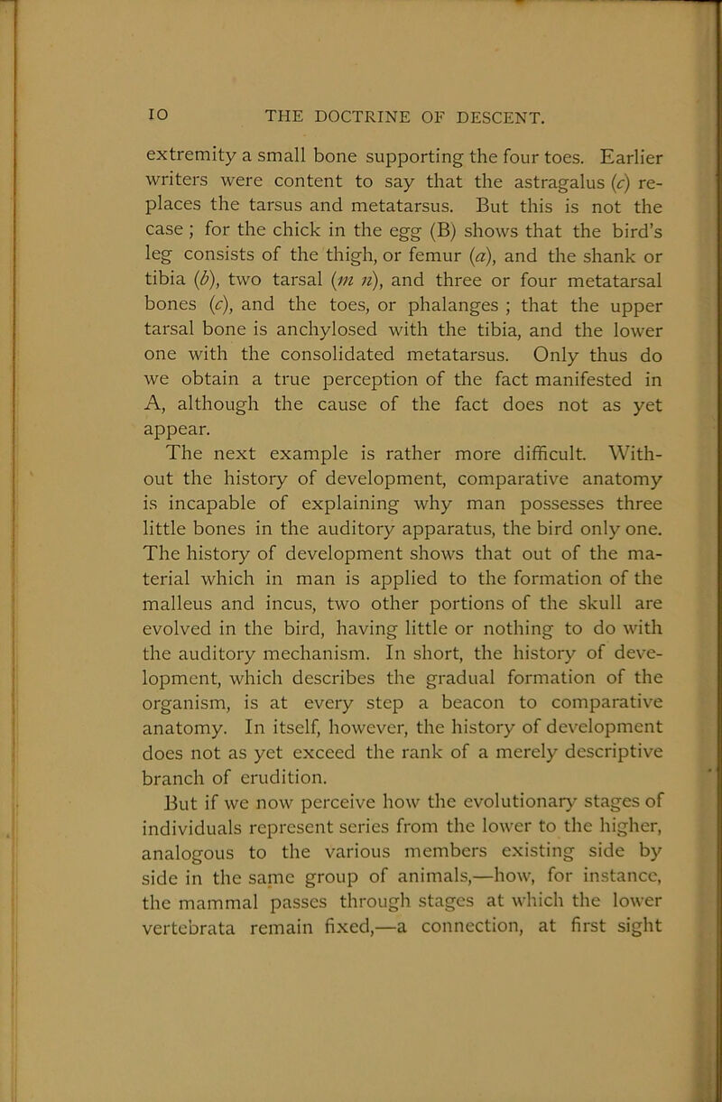 extremity a small bone supporting the four toes. Earlier writers were content to say that the astragalus {c) re- places the tarsus and metatarsus. But this is not the case ; for the chick in the egg (B) shows that the bird’s leg consists of the thigh, or femur {a), and the shank or tibia (b), two tarsal {in n), and three or four metatarsal bones {c), and the toes, or phalanges ; that the upper tarsal bone is anchylosed with the tibia, and the lower one with the consolidated metatarsus. Only thus do we obtain a true perception of the fact manifested in A, although the cause of the fact does not as yet appear. The next example is rather more difficult. With- out the history of development, comparative anatomy is incapable of explaining why man possesses three little bones in the auditory apparatus, the bird only one. The history of development shows that out of the ma- terial which in man is applied to the formation of the malleus and incus, two other portions of the skull are evolved in the bird, having little or nothing to do with the auditory mechanism. In short, the history of deve- lopment, which describes the gradual formation of the organism, is at every step a beacon to comparative anatomy. In itself, however, the history of dev'^elopment does not as yet exceed the rank of a merely descriptive branch of erudition. But if we now perceive how the evolutionary stages of individuals represent series from the lower to the higher, analogous to the various members existing side by side in the same group of animals,—how, for instance, the mammal passes through stages at which the lower vertcbrata remain fixed,—a connection, at first sight