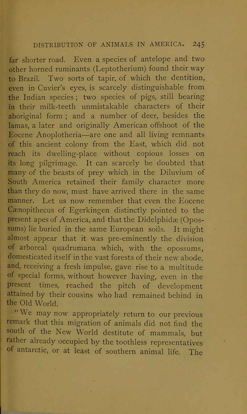 far shorter road. Even a species of antelope and two other horned ruminants (Leptotherium) found their way to Brazil. Two sorts of tapir, of which the dentition, even in Cuvier’s eyes, is scarcely distinguishable from the Indian species ; two species of pigs, still bearing in their milk-teeth unmistakable characters of their aboriginal form ; and a number of deer, besides the lamas, a later and originally American offshoot of the Eocene Anoplotheria—are one and all living remnants of this ancient colony from the East, which did not reach its dwelling-place without copious losses on its long pilgrimage. It can scarcely be doubted that many of the beasts of prey which in the Diluvium of South America retained their family character more than they do now, must have arrived there in the same manner. Let us now remember that even the Eocene Ceenopithecus of Egerkingen distinctly pointed to the present apes of America, and that the Didelphidae (Opos- sums) lie buried in the same European soils. It might almost appear that it was pre-eminently the division of arboreal quadrumana which, with the opossums, domesticated itself in the vast forests of their new abode, and, receiving a fresh impulse, gave rise to a multitude of special forms, without however having, even in the present times, reached the pitch of development attained by their cousins who had remained behind in the Old World. “We may now appropriately return to our previous remark that this migration of animals did not find the south of the New World destitute of mammals, but rather already occupied by the toothless representatives of antarctic, or at least of southern animal life. The