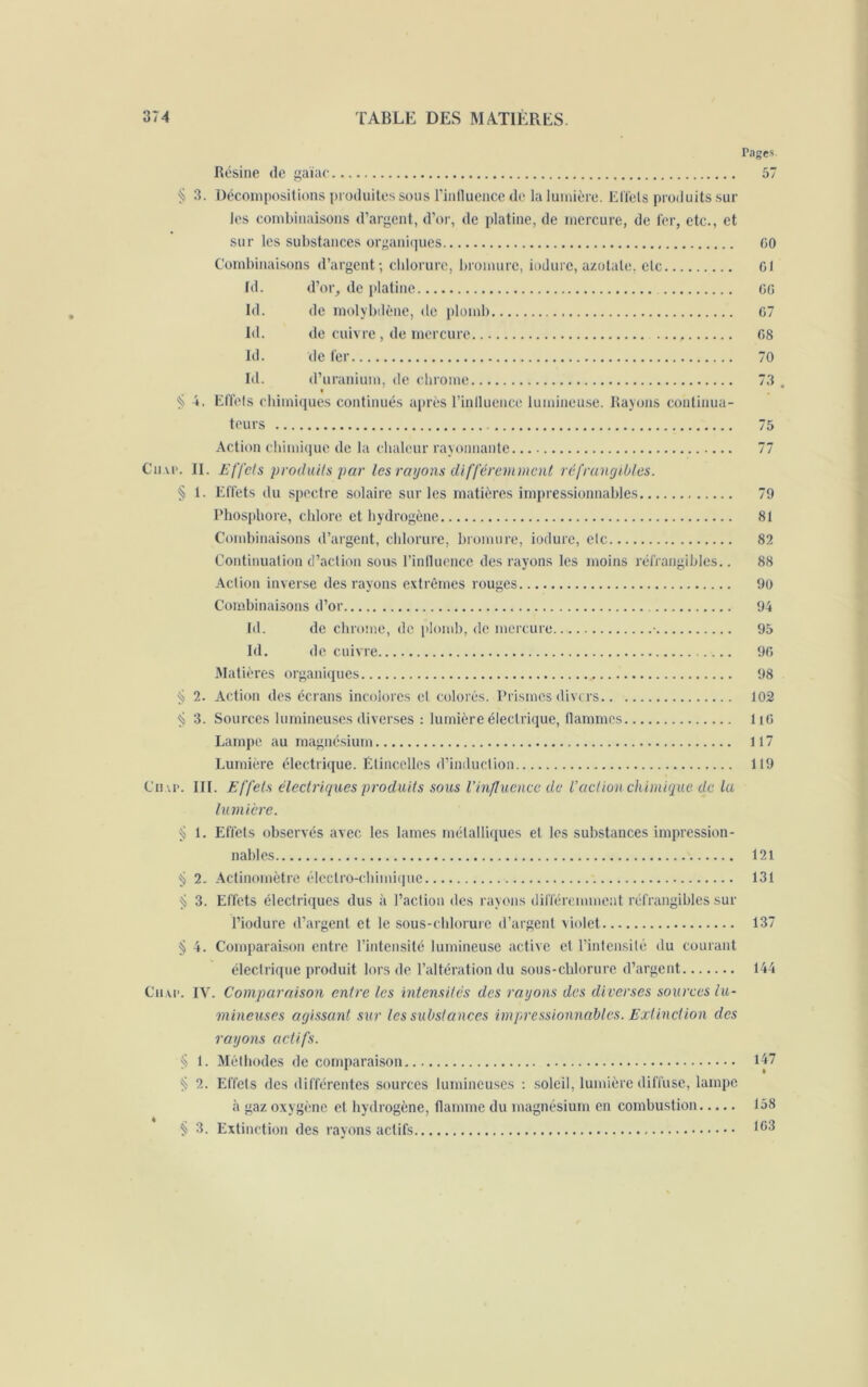 rages Résine (le gaïac 57 $ 3. Décompositions produites sous l'influence de la lumière. Effets produits sur les combinaisons d’argent, d’or, de platine, de mercure, de fer, etc., et sur les substances organiques go Combinaisons d’argent; chlorure, bromure, iodurc, azotate, etc Gl fd. d’or, de platine GG Id. de molybdène, de plomb G7 Id. (le cuivre, de mercure G8 Id. de fer 70 Id. (l’uranium, de chrome 73 . « § 4. Effels chimiques continués après l'influence lumineuse. Rayons continua- teurs 75 Action chimique de la chaleur rayonnante 77 Cn.u>. II. Effets produits par les rayons différemment réfrangibles. § 1. Effets du spectre solaire sur les matières impressionnables 79 Phosphore, chlore et hydrogène 81 Combinaisons d’argent, chlorure, bromure, iodure, elc 82 Continuation d’action sous l’influence des rayons les moins réfrangibles.. 88 Action inverse des rayons extrêmes rouges 90 Combinaisons d’or 94 Id. de chrome, de plomb, de mercure • 95 Id. de cuivre 9G Matières organiques 98 § 2. Action des écrans incolores et colorés. Prismes divers 102 § 3. Sources lumineuses diverses : lumière électrique, flammes liG Lampe au magnésium 117 Lumière électrique. Étincelles d’induction 119 Cmr. III. Effets électriques produits sous l'influence de l'action chimique de la lumière. § 1. Effets observés avec les lames métalliques et les substances impression- nables 121 § 2. Actinomètre électro-chimique 131 ÿ 3. Effets électriques dus à l’action des rayons différemment réfrangibles sur l’iodure d’argent et le sous-chlorure d’argent violet 137 § 4. Comparaison entre l’intensité lumineuse active et l’intensité du courant électrique produit lors de l’altération du sous-chlorure d’argent 144 G'n.u*. IV. Comparaison entre les intensités des rayons des diverses sources lu- mineuses agissant sur les substances impressionnables. Extinction des rayons actifs. $ 1. Méthodes de comparaison 147 ÿ 2. Effets des différentes sources lumineuses : soleil, lumière diffuse, lampe à gaz oxygène et hydrogène, flamme du magnésium en combustion 158 § 3. Extinction des rayons actifs ^