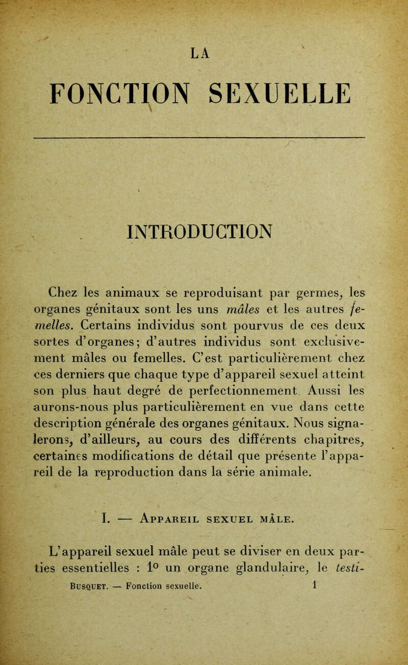 LA FONCTION SEXUELLE INTRODUCTION Chez les animaux se reproduisant par germes, les organes génitaux sont les uns mâles et les autres fe- melles. Certains individus sont pourvus de ces deux sortes d’organes; d’autres individus sont exclusive- ment mâles ou femelles. C’est particulièrement chez ces derniers que chaque type d’appareil sexuel atteint son plus haut degré de perfectionnement. Aussi les aurons-nous plus particulièrement en vue dans cette description générale des organes génitaux. Nous signa- lerons, d’ailleurs, au cours des différents chapitres, certaines modifications de détail que présente l’appa- reil de la reproduction dans la série animale. I. — Appareil sexuel mâle. L’appareil sexuel mâle peut se diviser en deux par- ties essentielles : 1° un organe glandulaire, le testi-