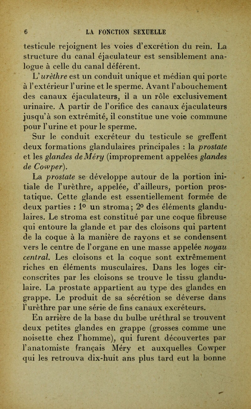 testicule rejoignent les voies d’excrétion du rein. La structure du canal éjaculateur est sensiblement ana- logue à celle du canal déférent. L'urèthre est un conduit unique et médian qui porte à l’extérieur l’urine et le sperme. Avant l’abouchement des canaux éjaculateurs, il a un rôle exclusivement urinaire. A partir de l’orifice des canaux éjaculateurs jusqu’à son extrémité, il constitue une voie commune pour l’urine et pour le sperme. Sur le conduit excréteur du testicule se greffent deux formations glandulaires principales : la prostate et les glandes deMéry (improprement appelées glandes de Cowper). La prostate se développe autour de la portion ini- tiale de l’urèthre, appelée, d’ailleurs, portion pros- tatique. Cette glande est essentiellement formée de deux parties : 1° un stroma; 2° des éléments glandu- laires. Le stroma est constitué par une coque fibreuse qui entoure la glande et par des cloisons qui partent de la coque à la manière de rayons et se condensent vers le centre de l’organe en une masse appelée noyau central. Les cloisons et la coque sont extrêmement riches en éléments musculaires. Dans les loges cir- conscrites par les cloisons se trouve le tissu glandu- laire. La prostate appartient au type des glandes en grappe. Le produit de sa sécrétion se déverse dans l’urèthre par une série de fins canaux excréteurs. En arrière de la base du bulbe uréthral se trouvent deux petites glandes en grappe (grosses comme une noisette chez l’homme), qui furent découvertes par l’anatomiste français Méry et auxquelles Cowper qui les retrouva dix-huit ans plus tard eut la bonne