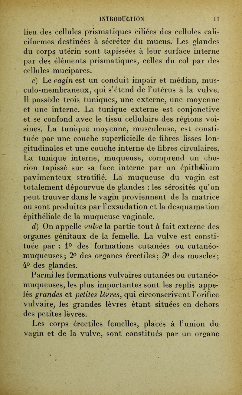 lieu des cellules prismatiques ciliées des cellules cali- ciformes destinées à sécréter du mucus. Les glandes du corps utérin sont tapissées à leur surface interne par des éléments prismatiques, celles du col par des cellules mucipares. c) Le vagin est un conduit impair et médian, mus- culo-membraneux, qui s’étend de l’utérus à la vulve. Il possède trois tuniques, une externe, une moyenne et une interne. La tunique externe est conjonctive et se confond avec le tissu cellulaire des régions voi- sines. La tunique moyenne, musculeuse, est consti- tuée par une couche superficielle de fibres lisses lon- gitudinales et une couche interne de fibres circulaires. La tunique interne, muqueuse, comprend un cho- rion tapissé sur sa face interne par un épithélium pavimenteux stratifié. La muqueuse du vagin est totalement dépourvue de glandes : les sérosités qu’on peut trouver dans le vagin proviennent de la matrice ou sont produites par l’exsudation et la desquamation épithéliale de la muqueuse vaginale. d) On appelle vulve la partie tout à fait externe des organes génitaux de la femelle. La vulve est consti- tuée par : 1° des formations cutanées ou cutanéo- muqueuses; 2° des organes érectiles; 3° des muscles; 4° des glandes. Parmi les formations vulvaires cutanées ou cutanéo- muqueuses, les plus importantes sont les replis appe- lés grandes et petites lèvres, qui circonscrivent l’orifice vulvaire, les grandes lèvres étant situées en dehors des petites lèvres. Les corps érectiles femelles, placés à l’union du vagin et de la vulve, sont constitués par un organe