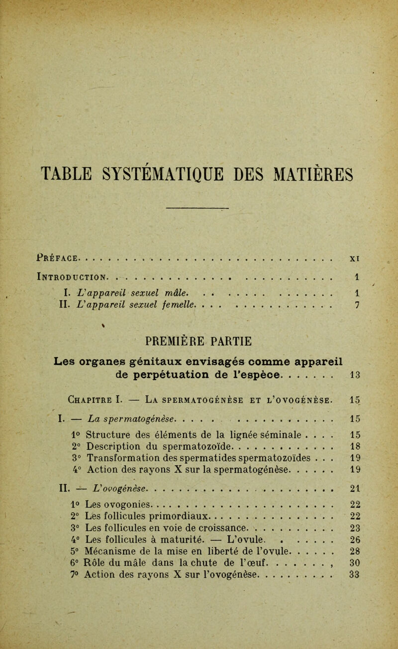 Préface xi Introduction 1 I. L'appareil sexuel mâle 1 II. L'appareil sexuel femelle 7 PREMIÈRE PARTIE Les organes génitaux envisagés comme appareil de perpétuation de l’espèce 13 Chapitre I. — La spermatogenèse et l’ovogénêse. 15 I. — La spermatogenèse 15 1° Structure des éléments de la lignée séminale .... 15 2° Description du spermatozoïde 18 3° Transformation des spermatides spermatozoïdes ... 19 4° Action des rayons X sur la spermatogénèse 19 II. — L'ovogénèse 21 1° Les ovogonies 22 2° Les follicules primordiaux 22 3° Les follicules en voie de croissance 23 4° Les follicules à maturité. — L’ovule 26 5° Mécanisme de la mise en liberté de l’ovule 28 6° Rôle du mâle dans la chute de l’œuf , 30 7° Action des rayons X sur l’ovogénèse 33