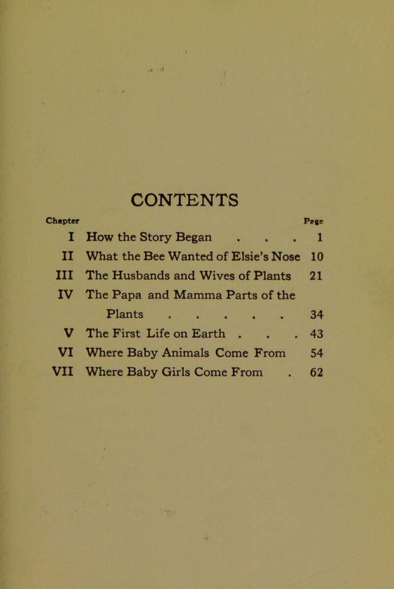 CONTENTS Chapter Pege I How the Story Began ... 1 II What the Bee Wanted of Elsie’s Nose 10 III The Husbands and Wives of Plants 21 IV The Papa and Mamma Parts of the Plants 34 V The First Life on Earth . . .43 VI Where Baby Animals Come From 54 VII Where Baby Girls Come From . 62