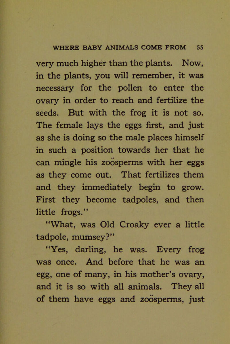 very much higher than the plants. Now, in the plants, you will remember, it was necessary for the pollen to enter the ovary in order to reach and fertilize the seeds. But with the frog it is not so. The female lays the eggs first, and just as she is doing so the male places himself in such a position towards her that he can mingle his zoosperms with her eggs as they come out. That fertilizes them and they immediately begin to grow. First they become tadpoles, and then little frogs.” “What, was Old Croaky ever a little tadpole, mumsey?” “Yes, darling, he was. Every frog was once. And before that he was an egg, one of many, in his mother’s ovary, and it is so with all animals. They all of them have eggs and zoosperms, just