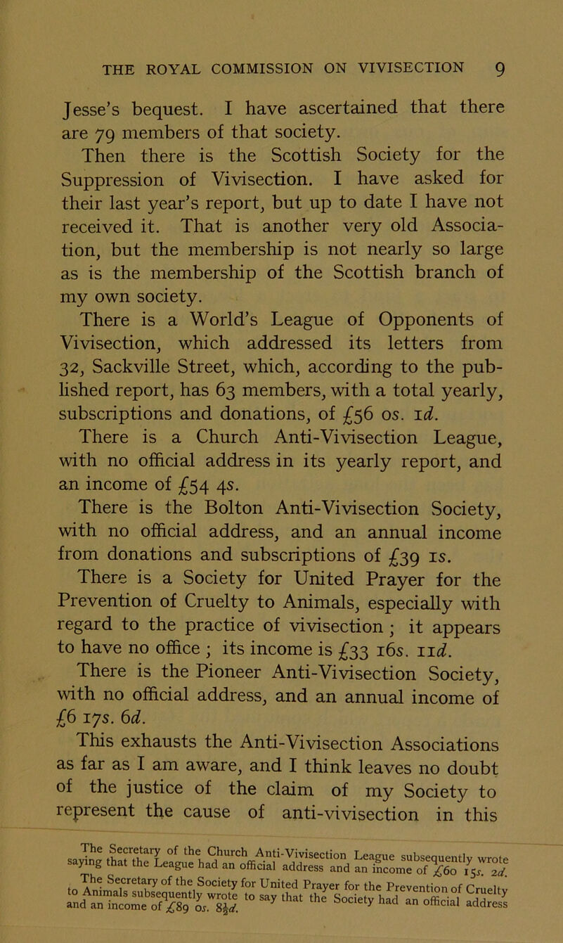 Jesse’s bequest. I have ascertained that there are 79 members of that society. Then there is the Scottish Society for the Suppression of Vivisection. I have asked for their last year’s report, but up to date I have not received it. That is another very old Associa- tion, but the membership is not nearly so large as is the membership of the Scottish branch of my own society. There is a World’s League of Opponents of Vivisection, which addressed its letters from 32, Sackville Street, which, according to the pub- lished report, has 63 members, with a total yearly, subscriptions and donations, of £^6 os. id. There is a Church Anti-Vivisection League, with no official address in its yearly report, and an income of ;^54 4s. There is the Bolton Anti-Vivisection Society, with no official address, and an annual income from donations and subscriptions of £;^g is. There is a Society for XJnited Prayer for the Prevention of Cruelty to Animals, especially with regard to the practice of vivisection; it appears to have no office ; its income is ;^33 i6s. iid. There is the Pioneer Anti-Vivisection Society, with no official address, and an annual income of £6 17s. 6d. This exhausts the Anti-Vivisection Associations as far as I am aware, and I think leaves no doubt of the justice of the claim of my Society to represent the cause of anti-vivisection in this