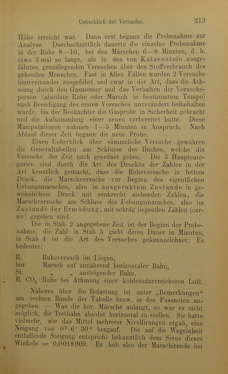 Höhe erreicht war. Dann erst begann die Probenahme zur Analyse. Durchschnittlich dauerte die einzelne Probenahme in der Ruhe 8—10, bei den Märschen 6—8 Minuten, d. h. etwa 3 mal so lange, als in den von Katzen stein ausge- führten grundlegenden Versuchen über den Stoffverbrauch des gehenden Menschen. Fast in Sillen Fällen wurden 2 Versuche hintereinander ausgeführt und zwar in der Art, dass die Ath- mung durch den Gasmesser und das Verhalten der Versuchs- person (absolute Ruhe oder Marsch in bestimmtem Tempo) nach Beendigung des ersten Versuches unverändert beibehalten wurde, bis der Beobachter die Gasprobe in Sicherheit gebracht und die Aufsammlung einer neuen vorbereitet hatte. Diese Manipulationen nahmen 1—5 Minuten in Anspruch. Nach Ablauf dieser Zeit begann die neue Probe. Einen Ueberblick über sämmtliche Versuche gewähren die Generaltabellen am Schlüsse des Buches, welche die Versuche der Zeit nach geordnet geben. Die 3 Hauptcate- gorien sind durch die Art des Druckes der Zahlen in der Art kenntlich gemacht, dass die Ruheversuche in fettem Druck, die Marschversuche vor Beginn des eigentlichen Uebungsmarsches, also in ausgeruhtem Zustande in ge- wöhnlichem Druck mit senkrecht stehenden Zahlen, die Marsch versuche am Schluss des Uebungsmarsches, also im Zustande der Ermüdung, mit schräg liegenden Zahlen (cur- siv) gegeben sind. Die in Stab 2 angegebene Zeit ist der Beginn der Probe- nahme, die Zahl in Stab 3 giebt deren Dauer in Minuten, in Stab 4 ist die Art des Versuches gekennzeichnet: Es bedeutet: R. Ruheversuch im Liegen, hör. Marsch auf annähernd horizontaler Bahn, St. „ „ ansteigender Bahn, R. C02 Ruhe bei Athmung einer kohlensäurereicheren Luft, Näheres über die Belastung ist unter „Bemerkungen“ am rechten Rande der Tabelle bezw. in den Fussnoten an- gegeben. — Was die hör. Märsche anlangt, so war es nicht möglich, die Tretbahn absolut horizontal zu stellen. Sie hatte vielmehr, wie das Mittel mehrerer Nivellirungen ergab eine Neigung von 0° 6' 30 bergauf. Die auf die Wegeinheit entfallende Steigung entspricht bekanntlich dem Sinus dieses Winkels = 0,0018 909. Es hob also der Marschirende bei
