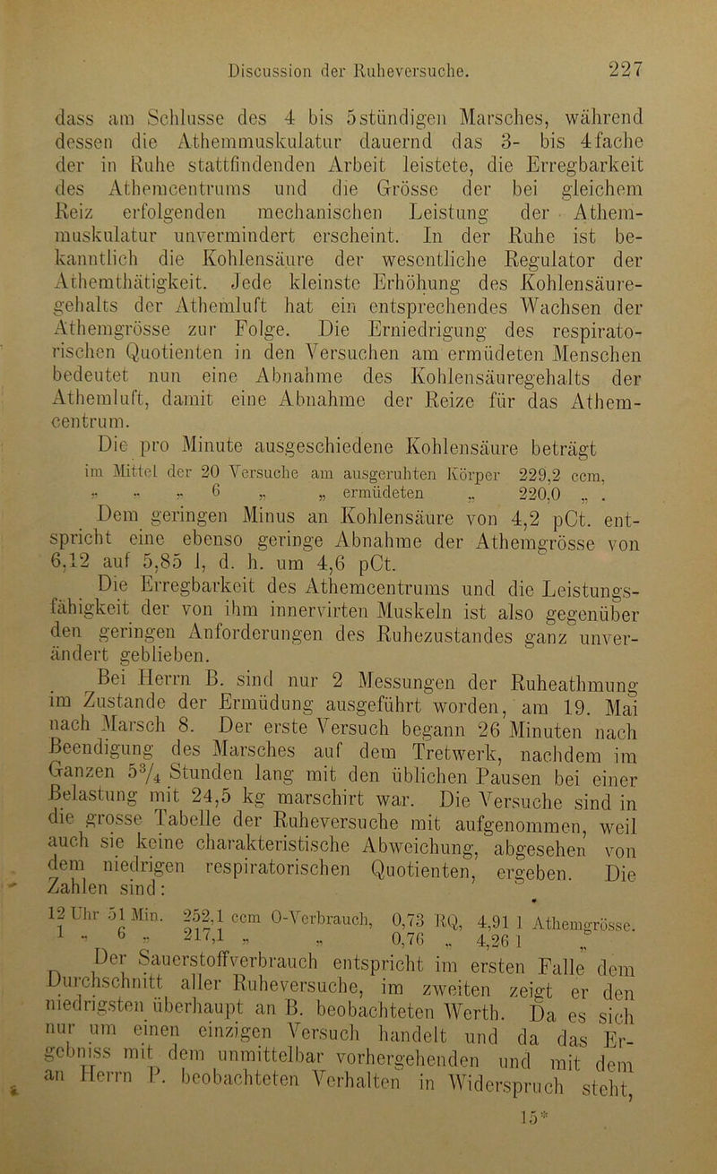 dass am Schlüsse des 4 bis 5ständigen Marsches, während dessen die Athemmuskuiatur dauernd das 3- bis 4fache der in Ruhe stattfindenden Arbeit leistete, die Erregbarkeit des Atbemeentrums und die Grösse der bei gleichem Reiz erfolgenden mechanischen Leistung der Athem- muskulatur unvermindert erscheint. In der Ruhe ist be- kanntlich die Kohlensäure der wesentliche Regulator der Athemthätigkeit. Jede kleinste Erhöhung des Kohlensäure- gehalts der Athemluft hat ein entsprechendes Wachsen der Athemgrösse zur Folge. Die Erniedrigung des respirato- rischen Quotienten in den Versuchen am ermüdeten Menschen bedeutet nun eine Abnahme des Kohlensäuregehalts der Athemluft, damit eine Abnahme der Reize für das Athem- centrum. Die pro Minute ausgeschiedene Kohlensäure beträgt im Mittel der 20 Versuche am ausgeruhten Körper 229,2 ccm, » •• » 6 » 3> ermüdeten „ 220,0 „ . Dem geringen Minus an Kohlensäure von 4,2 pCt. ent- spricht eine ebenso geringe Abnahme der Athemgrösse von 6,12 auf 5,85 1, d. h. um 4,6 pCt. Die Erregbarkeit des Athemcentrums und die Leistungs- fähigkeit der von ihm innervirten Muskeln ist also gegenüber den geringen Anforderungen des Ruhezustandes ganz unver- ändert geblieben. ^ Bei Herrn B. sind nur 2 Messungen der Ruheathmung im Zustande der Ermüdung ausgeführt worden, am 19. Mai nach Marsch 8. Der erste Versuch begann 26 Minuten nach Beendigung des Marsches auf dem Tretwerk, nachdem im Ganzen 53/4 Stunden lang mit den üblichen Pausen bei einer Belastung mit 24,5 kg marschirt war. Die Versuche sind in die grosse Tabelle der Ruheversuche mit aufgenommen, weil auch sie keine charakteristische Abweichung, abgesehen von dem niedrigen respiratorischen Quotienten, ergeben Die Zahlen sind: 12 Uhr 51 Min. 252,1 ccm 0-Verbrauch, 0,73 RQ, 4,91 1 Athemgrösse. 1 *> 6 » 21 'd » » 0,76 „ 4,26 1 Der Sauerstoffverbrauch entspricht im ersten Falle dem Duichschmtt aller Ruheversuche, im zweiten zeigt er den niedrigsten überhaupt an B. beobachteten Werth. Da es sich nur um einen einzigen Versuch handelt und da das Er- gehn iss mit dem unmittelbar vorhergehenden und mit dem an Herrn P. beobachteten Verhalten in Widerspruch steht