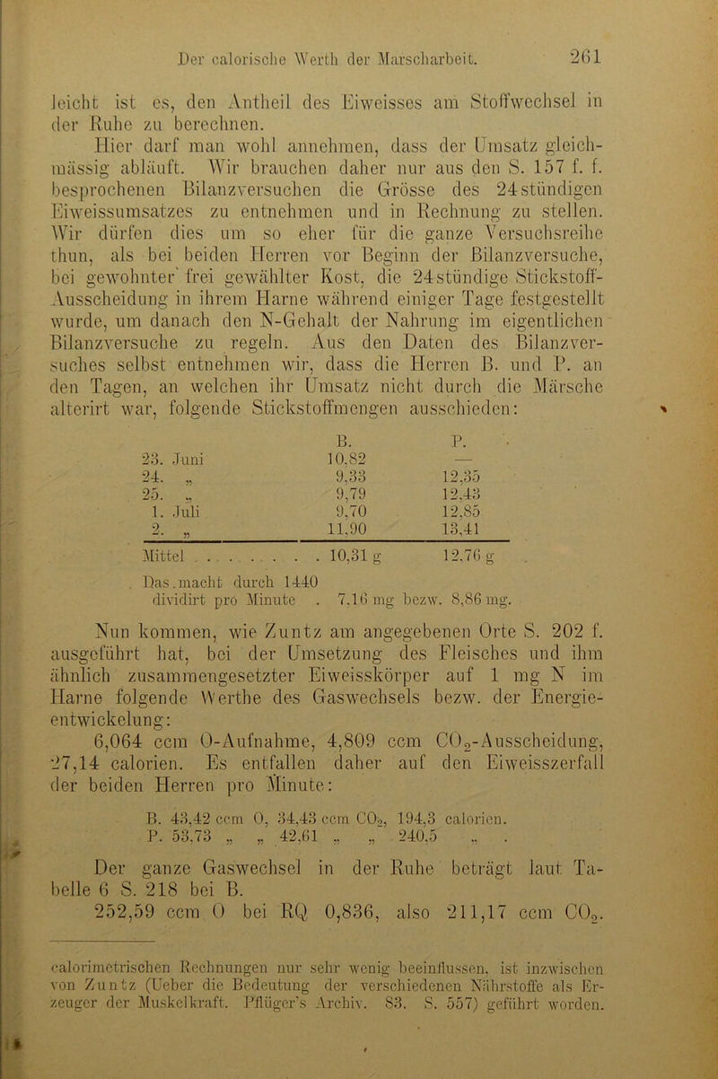 Jeicht ist es, den Antheil des Eiweisses am Stoffwechsel in der Ruhe zu berechnen. Hier darf man wohl annehmen, dass der Umsatz gleich- mässig abläuft. Wir brauchen daher nur aus den S. 157 f. f. besprochenen Bilanzversuchen die Grösse des 24stündigen Eiweissumsatzes zu entnehmen und in Rechnung zu stellen. Wir dürfen dies um so eher für die ganze Versuchsreihe thun, als bei beiden Herren vor Beginn der Bilanzversuche, bei gewohnter' frei gewählter Kost, die 24stündige Stickstoff- Ausscheidung in ihrem Harne während einiger Tage festgestellt wurde, um danach den N-Gehalt der Nahrung im eigentlichen Bilanzversuche zu regeln. Aus den Daten des Bilanz Ver- suches selbst entnehmen wir, dass die Herren ß. und IV an den Tagen, an welchen ihr Umsatz nicht durch die Märsche alterirt war, folgende Stickstoffmengen ausschieden: E. P. 23. Juni 10.82 ■—- 24. „ 9,33 12,35 25. „ 9,79 12,43 1. Juli 9.70 12,85 2 11,90 13,41 Mittel . . . 10,31 g 12,76 Das.macht durch 1440 dividirt pro Minute . 7.16 mg bezw. 8,86 mg. Nun kommen, wie Zuntz am angegebenen Orte S. 202 f. ausgeführt hat, bei der Umsetzung des Fleisches und ihm ähnlich zusammengesetzter Eiweisskörper auf 1 mg N im Harne folgende Werthe des Gaswechsels bezw. der Energie- entwickelung: 6,064 ccm 0-Aufnahme, 4,809 ccm C02-Ausscheidung, 27,14 calorien. Es entfallen daher auf den Eiweisszerfall der beiden Herren pro Minute: B. 43,42 ccm 0, 34,43 ccm CO?, 194,3 calorien. P. 53,73 „ „ 42,61 „ „ 240,5 „ . Der ganze Gaswechsel in der Ruhe beträgt laut Ta- belle 6 S. 218 bei B. 252,59 ccm 0 bei RQ 0,836, also 211,17 ccm C02. calorimctrischen Rechnungen nur sehr wenig beeinflussen, ist inzwischen von Zuntz (lieber die Bedeutung der verschiedenen Nährstoffe als Er- zeuger der Muskelkraft. Pflügers Archiv. 83. S. 557) geführt worden.