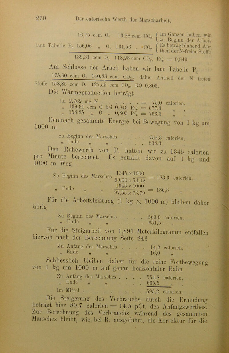 IG,75 ccm 0, 13,28 ccm C02. ( ^anzen haben wir \ zu Beginn der Arbeit laut Tabelle P5 156,06 „ 0, 18156 co / Es beträgt daher d.An- I theil der N-freien Stoffe 139,31 ccm 0, 118,28 ccm C02, BQ = 0,849. Am Schlüsse der Arbeit haben wir laut Tabelle P5 l‘->,()() ('1'1 (b 140,83 ■•cm Co2; daher Antheil der N-freien Stoffe 158,85 ccm 0, 127,55 ccm C02, BQ 0,803. Die Wärmeproduction beträgt für 2,762 mg N = 75p „ 139,31 ccm 0 bei 0,849 BQ = 677 3 » 158-85 » 0 „ 0,803 BQ = 763^3 calorien, 1000Demnach gesammte Energie bei Bewegung von 1 kg um zu Beginn des Marsches .... 752,3 calorien » Ende » » .... 838,3 „ ’ Den Ruhewerth von P. hatten wir zu 1345 calorien pro Minute berechnet. Es entfällt davon auf 1 kg und 1000 m Weg Zu Beginn des Marsches » Ende 1040X1UUU 99MDx~74D2 1345 x 1000 — 183,3 calorien, = 186,8 , . übrig 97,55x73,79 Für die Arbeitsleistung (1 kg x 1000 m) bleiben daher Zu Beginn des Marsches .... 569,0 calorien » •Eüde » » .... 651,5 • „ Für die Steigarbeit von 1,891 Meterkilogramm entfallen hiervon nach der Berechnung Seite 243 Zu Anfang des Marsches .... 14,2 calorien, » Ende » „ .... 16,0 Schliesslich bleiben daher für die reine Fortbewegung von 1 kg um 1000 m auf genau horizontaler Bahn Zu Anfang des Marsches .... 554,8 calorien, » Ende » .... 635.5 Im M;ttel 595,2 calorien. Die Steigerung des Verbrauchs durch die Ermüdung beträgt hier 80,7 calorien = 14,5 pCt. des Anfangswerthes. /ur Berechnung des Verbrauchs während des gesammten Marsches bleibt, wie bei B. ausgeführt, die Korrektur für die