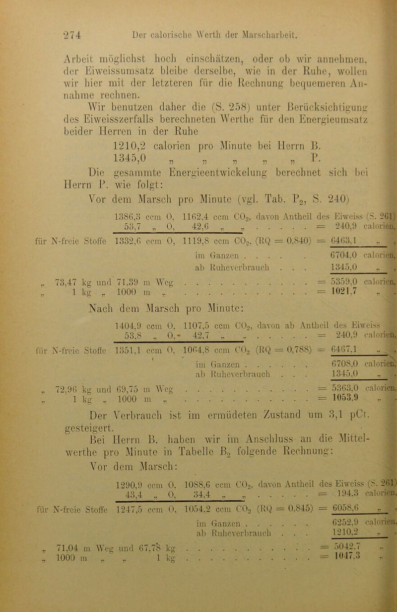 Arbeit möglichst hoch einschätzen, oder ob wir annehmen, der Eiweissumsatz bleibe derselbe, wie in der Ruhe, wollen wir hier mit der letzteren für die Rechnung bequemeren An- nahme rechnen. Wir benutzen daher die (S. ‘258) unter Berücksichtigung des Eiweisszerfalls berechneten Werthe für den Energieumsatz beider Herren in der Ruhe 1210,‘2 calorien pro Minute bei Herrn 13. 1345,0 „ „ „ „ „ 1. Die gesammte Energieentwickelung berechnet sich bei Herrn P. wie folgt: Vor dem Marsch pro Minute (vgl. Tab. P2, S. 240j 1386,ö ccm 0, 1162,4 ccm C02, davon Antheil des Eiweiss (S. 2C1) 53.7 „ 0, 42,6 ,, ,, = 240,9 calorien, für N-freie Stoffe 1332,6 ccm 0, 1119,8 ccm C02, (RQ, = 0,840) = 6463.1 , im Ganzen .... . 6704,0 calorien, ab Ruheverbrauch . . . 1345,0 - .. 73.47 kg und 71.39 m Weg = 5359.0 calorien, 1 kg „ 1000 m „ = 1021.7 _ f Nach dem Marsch pro Minute: 1404,9 ccm 0, 1107,5 ccm C02, davon ab Antheil des Eiweiss ; 53.8 „ 0,- 42.7 „ = 240,9 calorien, für N-freie Stoffe 1351,1 ccm 0. 1064.8 ccm C02 (RQ = 0,788) — 6467.1 .. , im Ganzen 6708,0 calorien, ab Euheverbrauch . . . 1345,0 . .. 72.96 kg und 69,75 m Weg — 5363.0 calorien. !, 1 kg ,. 1000 m = 1053.9 Der Verbrauch ist im ermüdeten Zustand um 3,1 pCt. gesteigert. Bei Herrn B. haben wir im Anschluss an die Mittel- werthe pro Minute in Tabelle B2 folgende Rechnung: Vor dem Marsch: 1290,9 ccm 0, 1088.6 ccm C02. davon Antheil des Eiweiss (8. 261) 43,4 „ 0, 34'4 ., = 194.3 calorien. für N-freie Stoffe 1247,5 ccm 0. 1054,2 ccm C02 (RQ = 0.845) = 6058,6 • im Ganzen 6252,9 calorien, ab Ruheverbrauch . . . 1210.2 , .. 71,04 m Weg und 67.78 kg = 5042.7 1000 m „ ' 1 kg = 1047,3