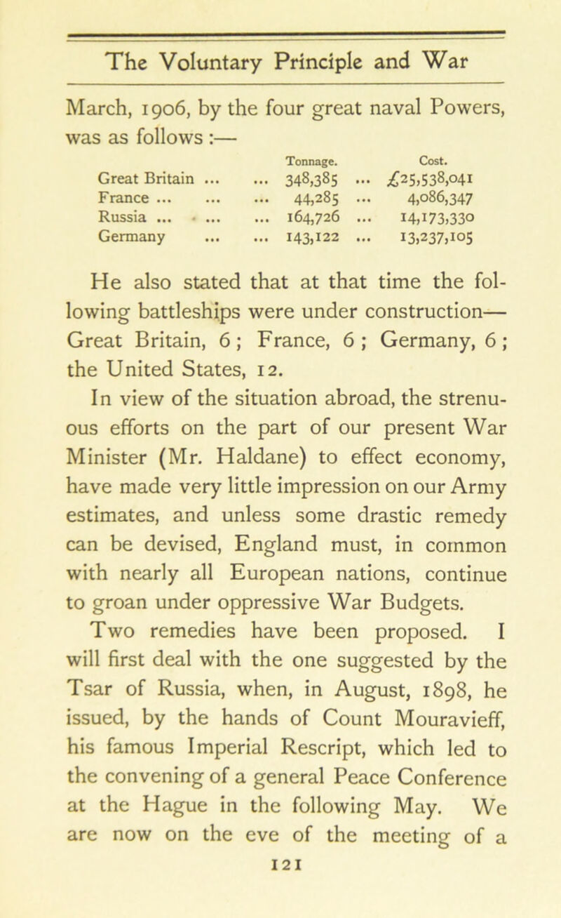 March, 1906, by the four great naval Powers, was as follows :— Great Britain ... France Russia ... • ... Germany Tonnage. Cost. 348,385 ... £25,538,041 44,285 ... 4,086,347 164,726 ... 14,173,330 143,122 ... 13,237,105 He also stated that at that time the fol- lowing battleships were under construction— Great Britain, 6; France, 6 ; Germany, 6 ; the United States, 12. In view of the situation abroad, the strenu- ous efforts on the part of our present War Minister (Mr. Haldane) to effect economy, have made very little impression on our Army estimates, and unless some drastic remedy can be devised, England must, in common with nearly all European nations, continue to groan under oppressive War Budgets. Two remedies have been proposed. I will first deal with the one suggested by the Tsar of Russia, when, in August, 1898, he issued, by the hands of Count Mouravieff, his famous Imperial Rescript, which led to the convening of a general Peace Conference at the Hague in the following May. We are now on the eve of the meeting of a